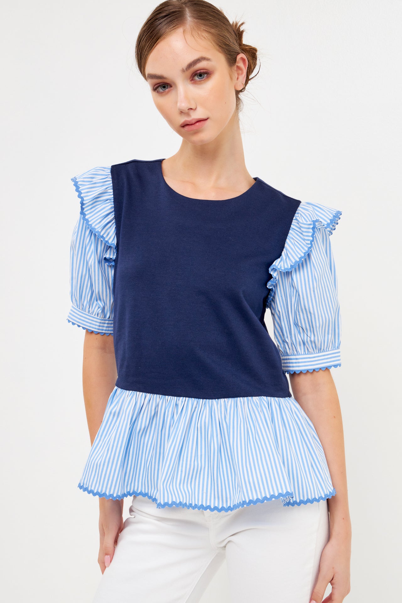 ENGLISH FACTORY - Trim Edge Detail Mixed Media Top - TOPS available at Objectrare