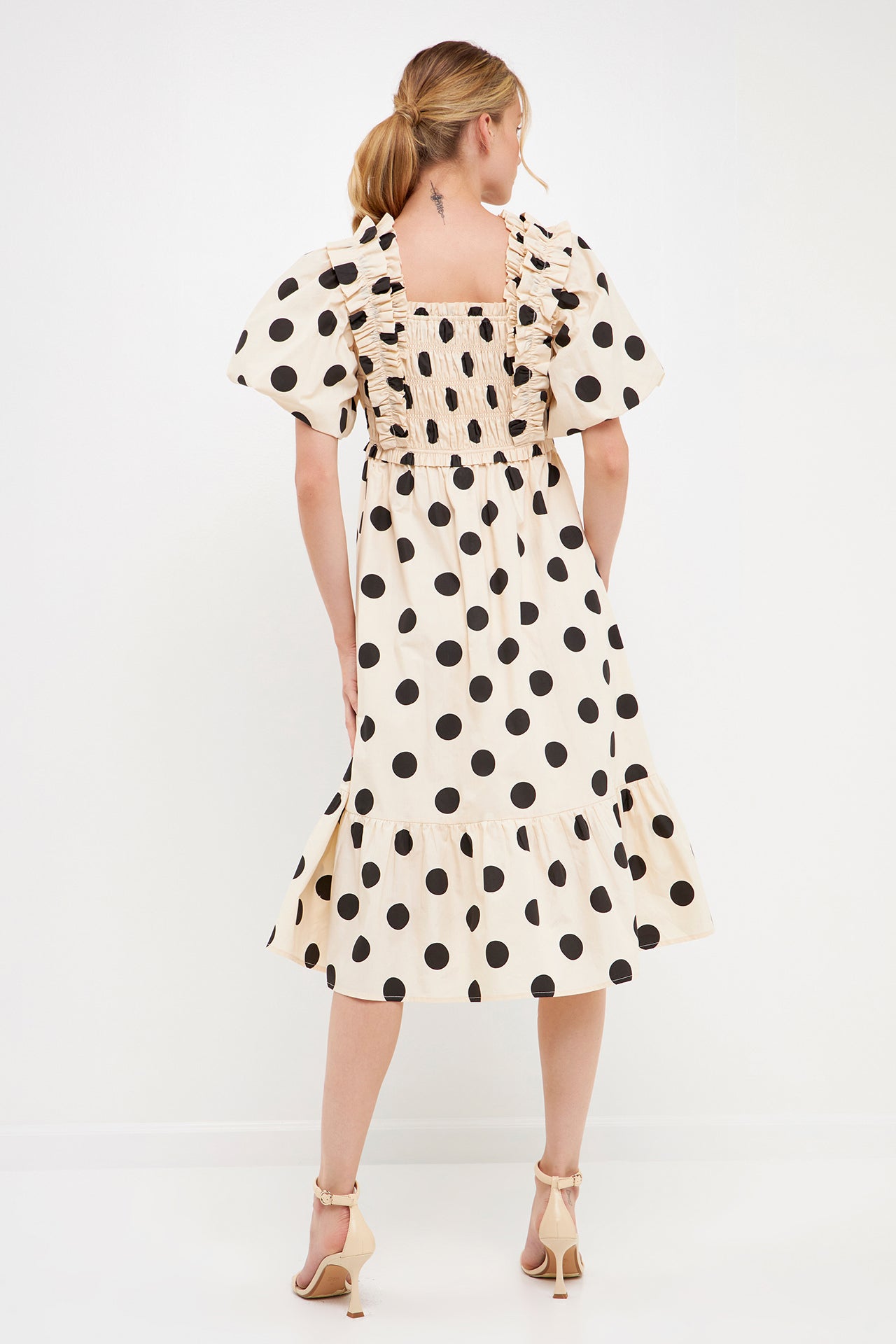 ENGLISH FACTORY - Ruffled Smocked Dot Midi Dress - DRESSES available at Objectrare