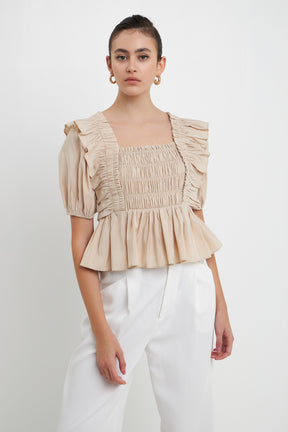 ENDLESS ROSE - Smocked Puff Sleeve Peplum Crop Top - TOPS available at Objectrare