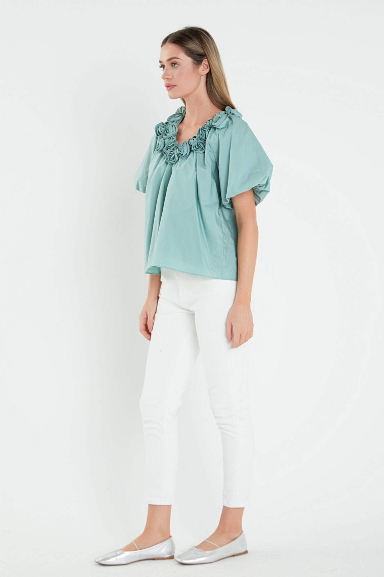 ENGLISH FACTORY - Flower Neckline Puff Sleeve Top - TOPS available at Objectrare