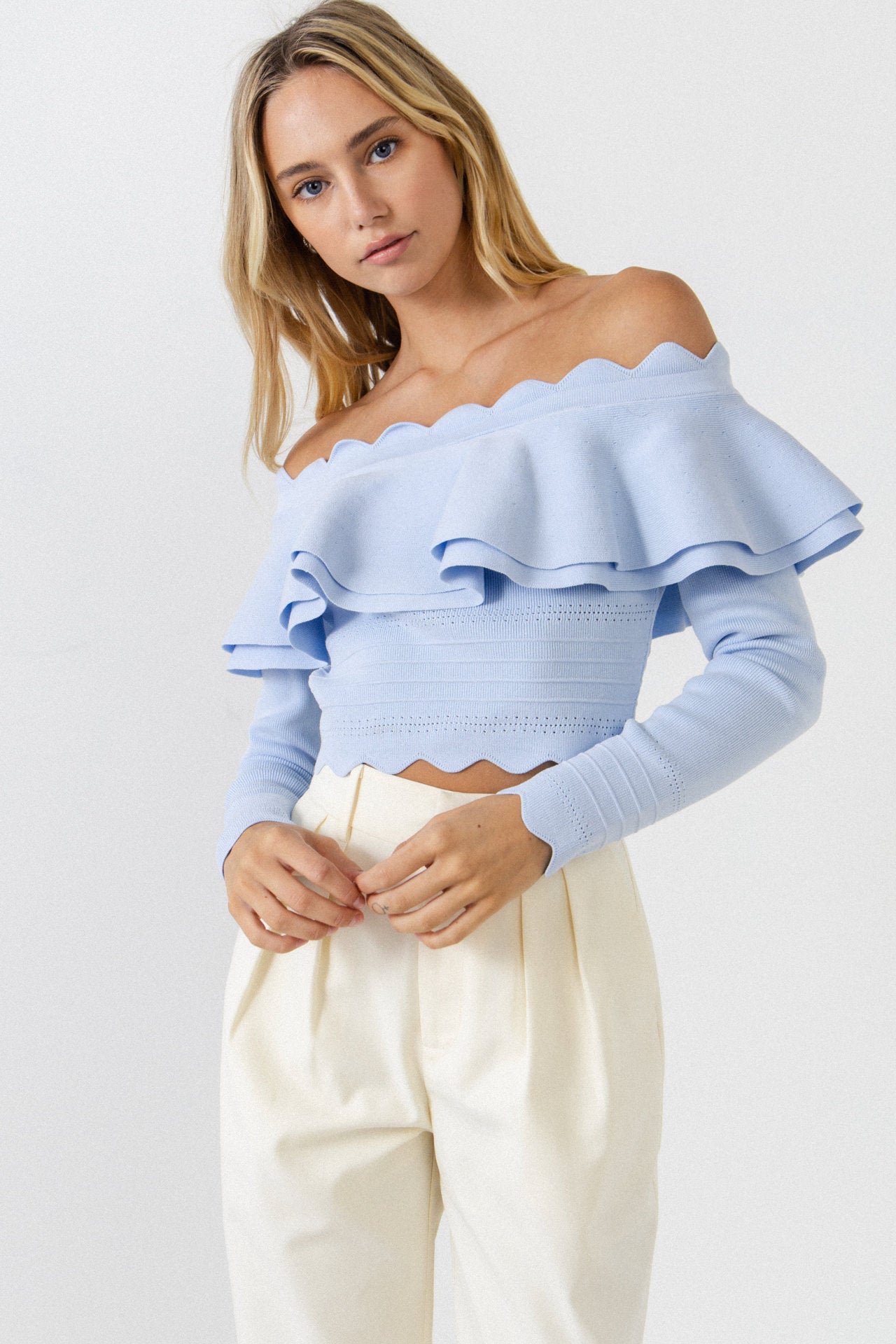 ENDLESS ROSE - Scallop Detail Off The Shoulder Sweater - SWEATERS & KNITS available at Objectrare