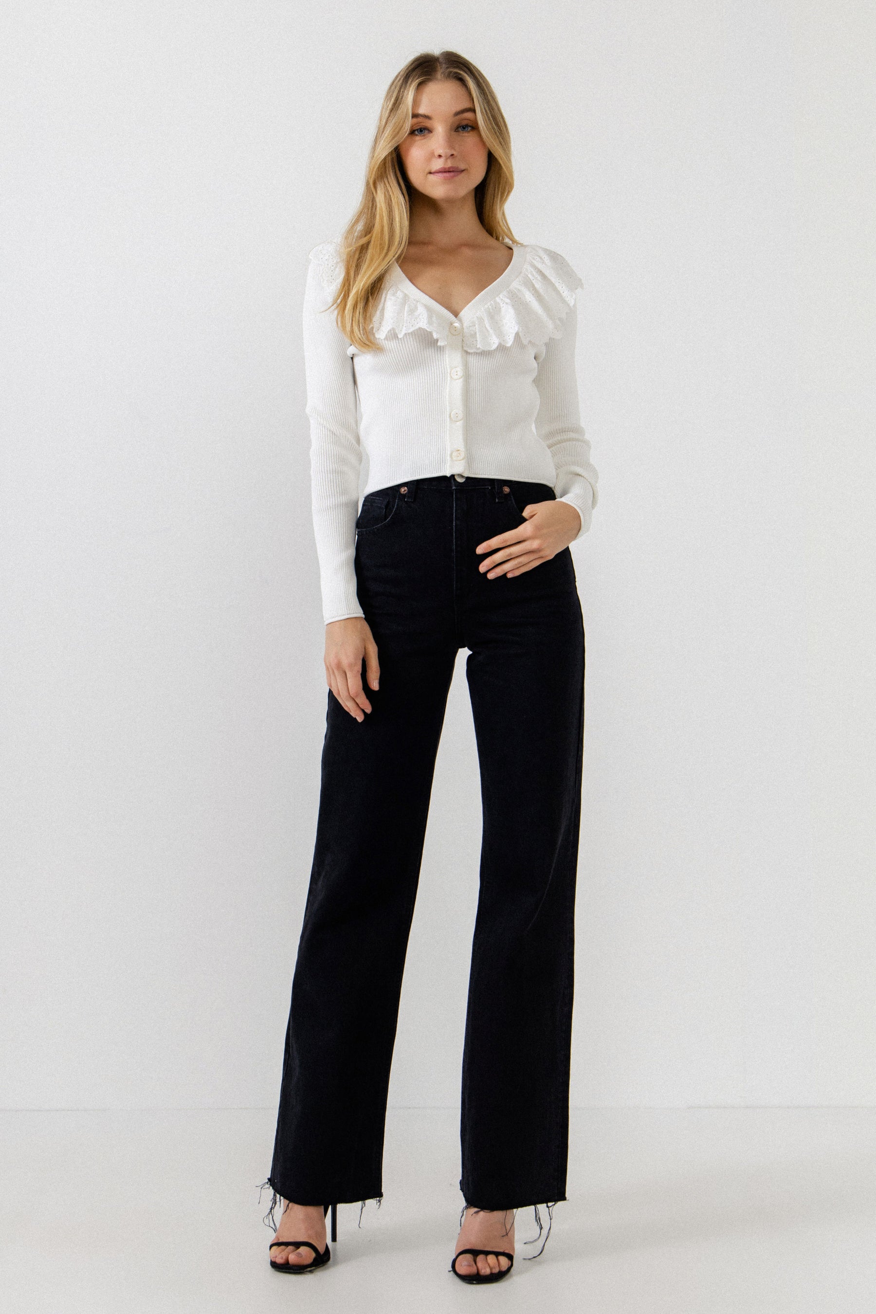 ENGLISH FACTORY - Eyelet Ruffle with Knit Cardigan - TOPS available at Objectrare
