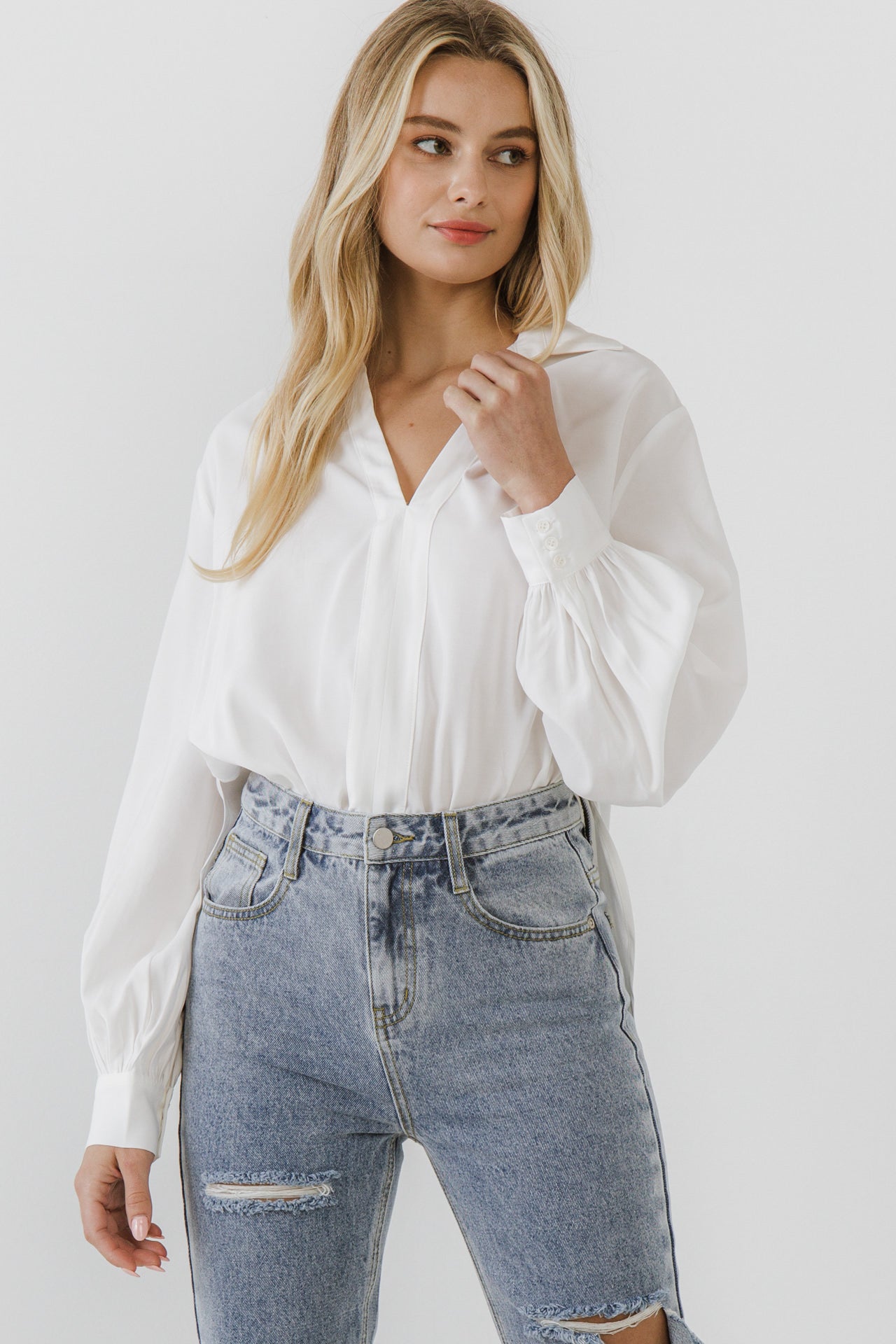 ENDLESS ROSE - V-neckline Puff Long Sleeve Top - TOPS available at Objectrare