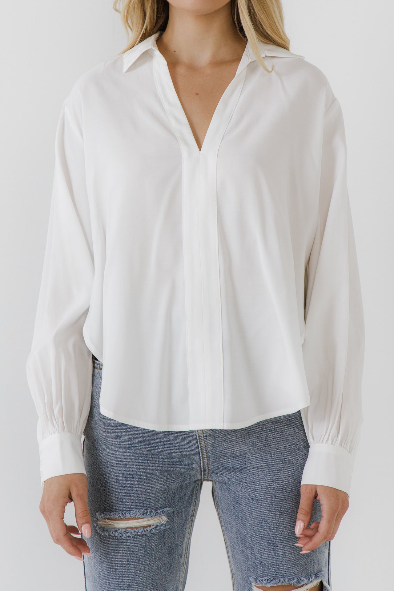 ENDLESS ROSE - V-neckline Puff Long Sleeve Top - TOPS available at Objectrare
