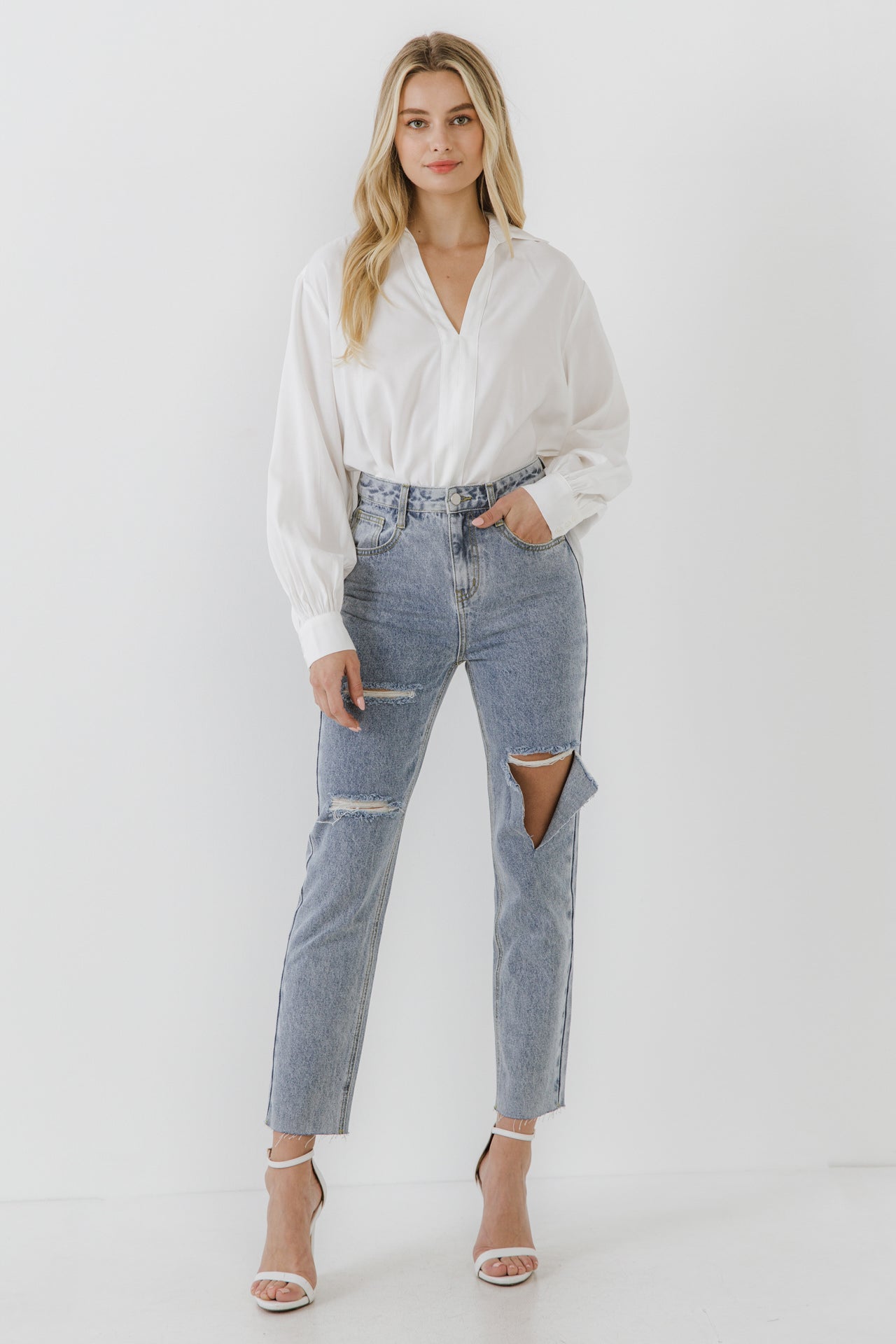 ENDLESS ROSE - V-neckline Puff Long Sleeve Top - TOPS available at Objectrare