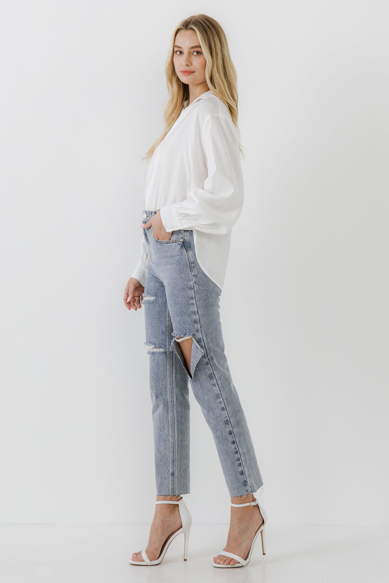 ENDLESS ROSE - V-neckline Puff Long Sleeve Top - TOPS available at Objectrare