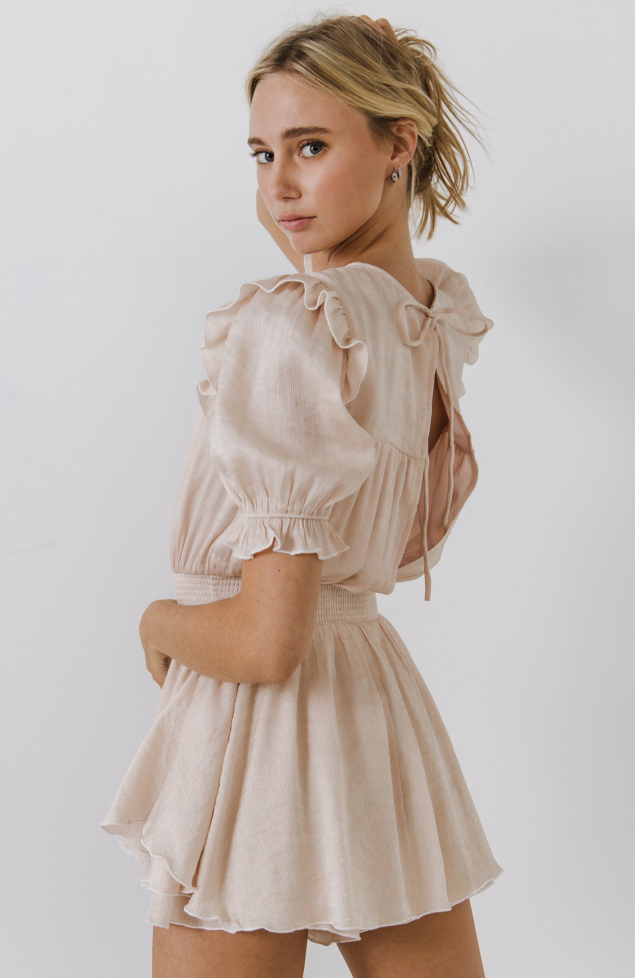 ENGLISH FACTORY - Puff Sleeves Skort Romper - ROMPERS available at Objectrare