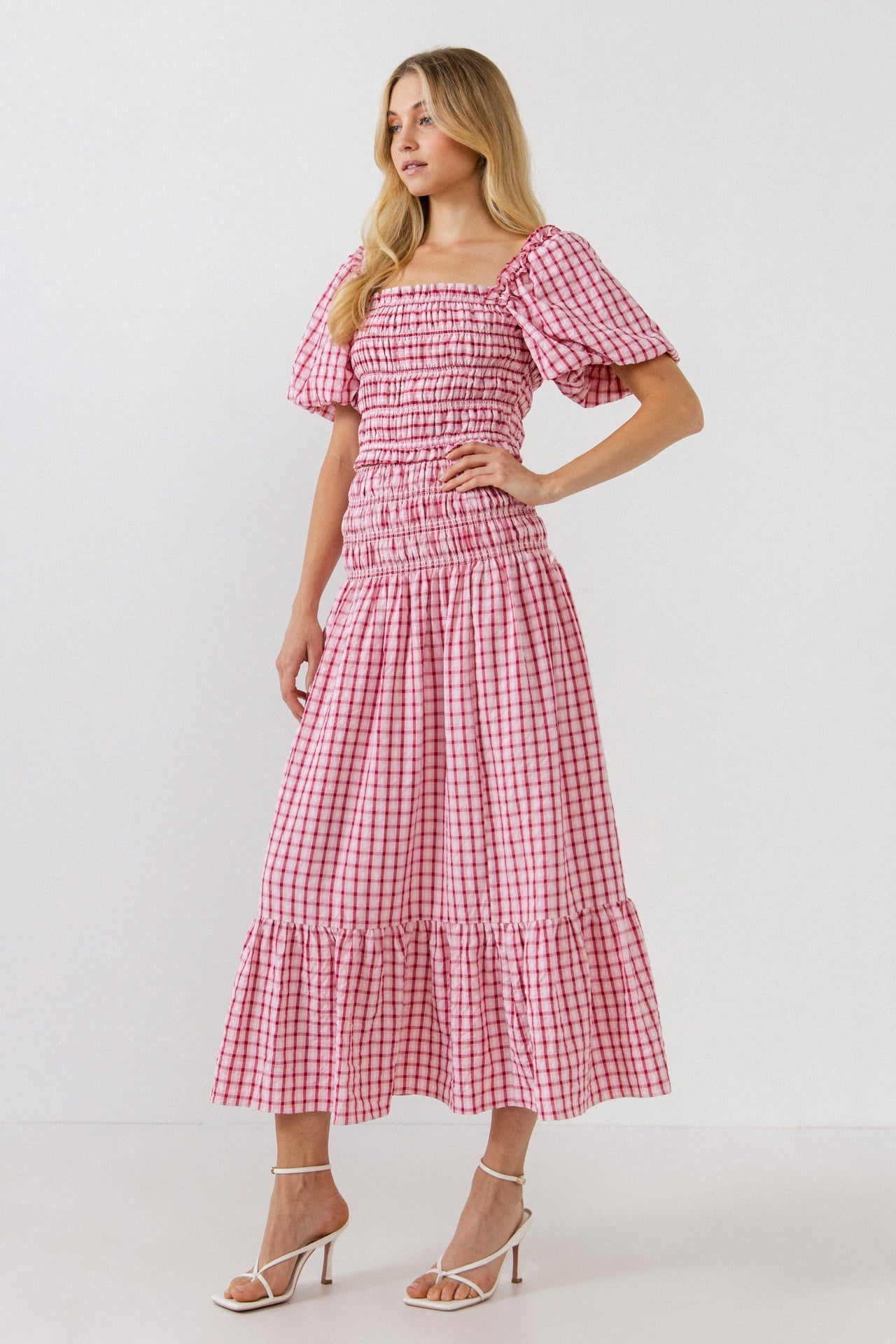 ENGLISH FACTORY - Check Smocked Puff Sleeves Top - TOPS available at Objectrare
