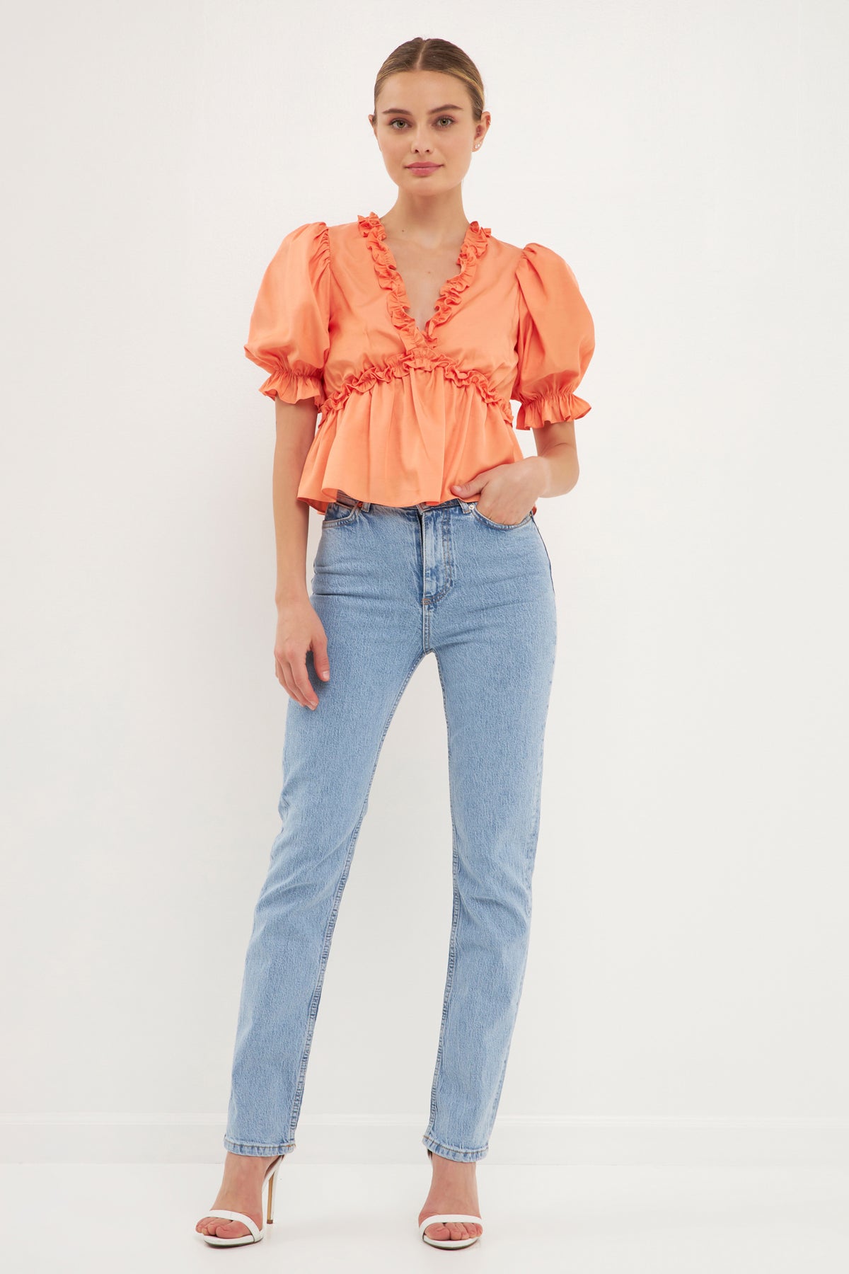 ENDLESS ROSE - Ruffle Detail Top with Puff Sleeves - TOPS available at Objectrare