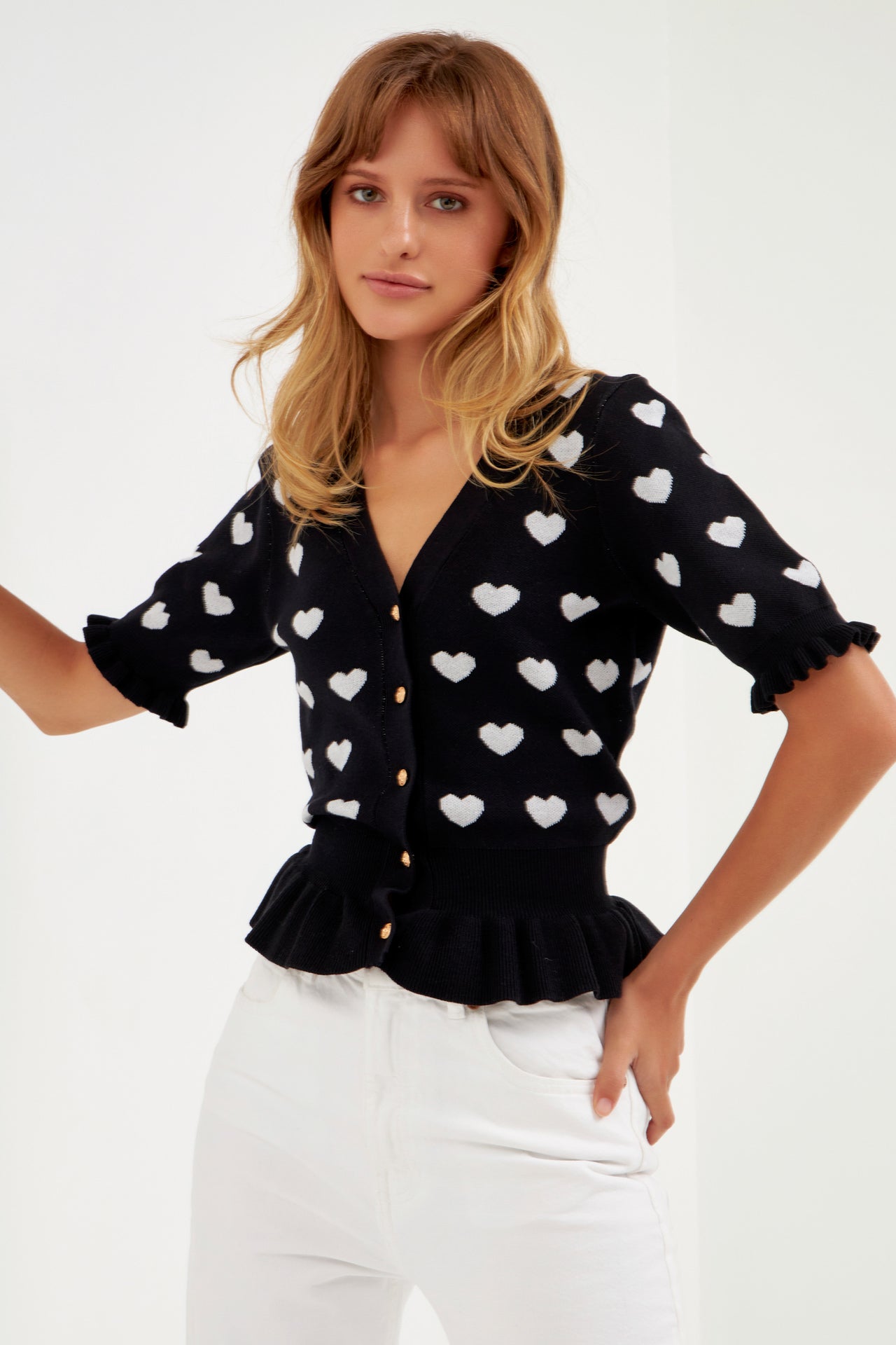 ENGLISH FACTORY - Heart Cardigan with Short Puff Sleeve - CARDIGANS available at Objectrare