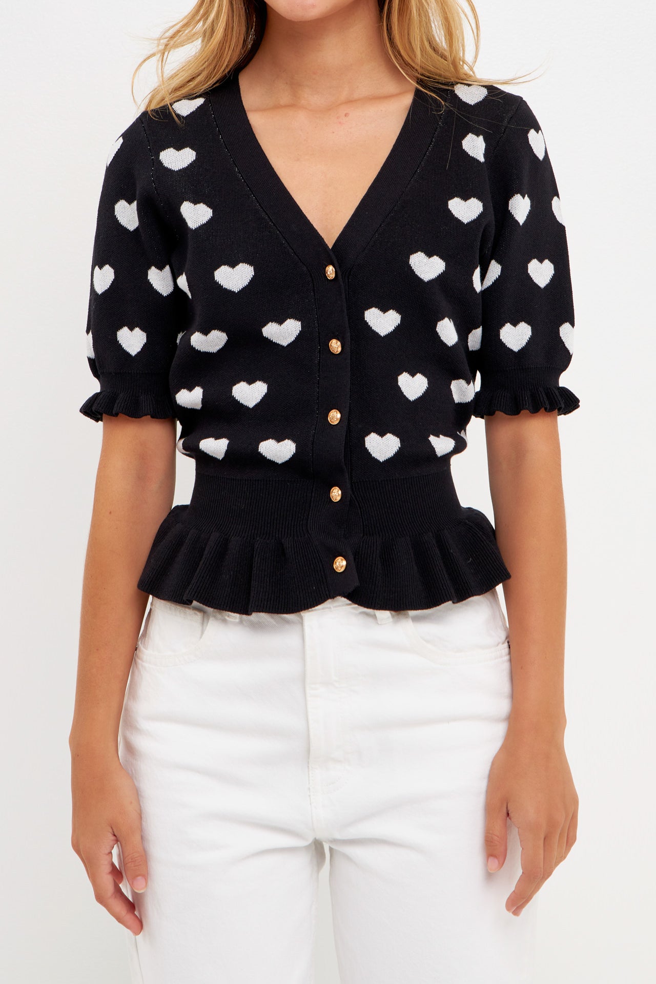 ENGLISH FACTORY - Heart Cardigan with Short Puff Sleeve - CARDIGANS available at Objectrare