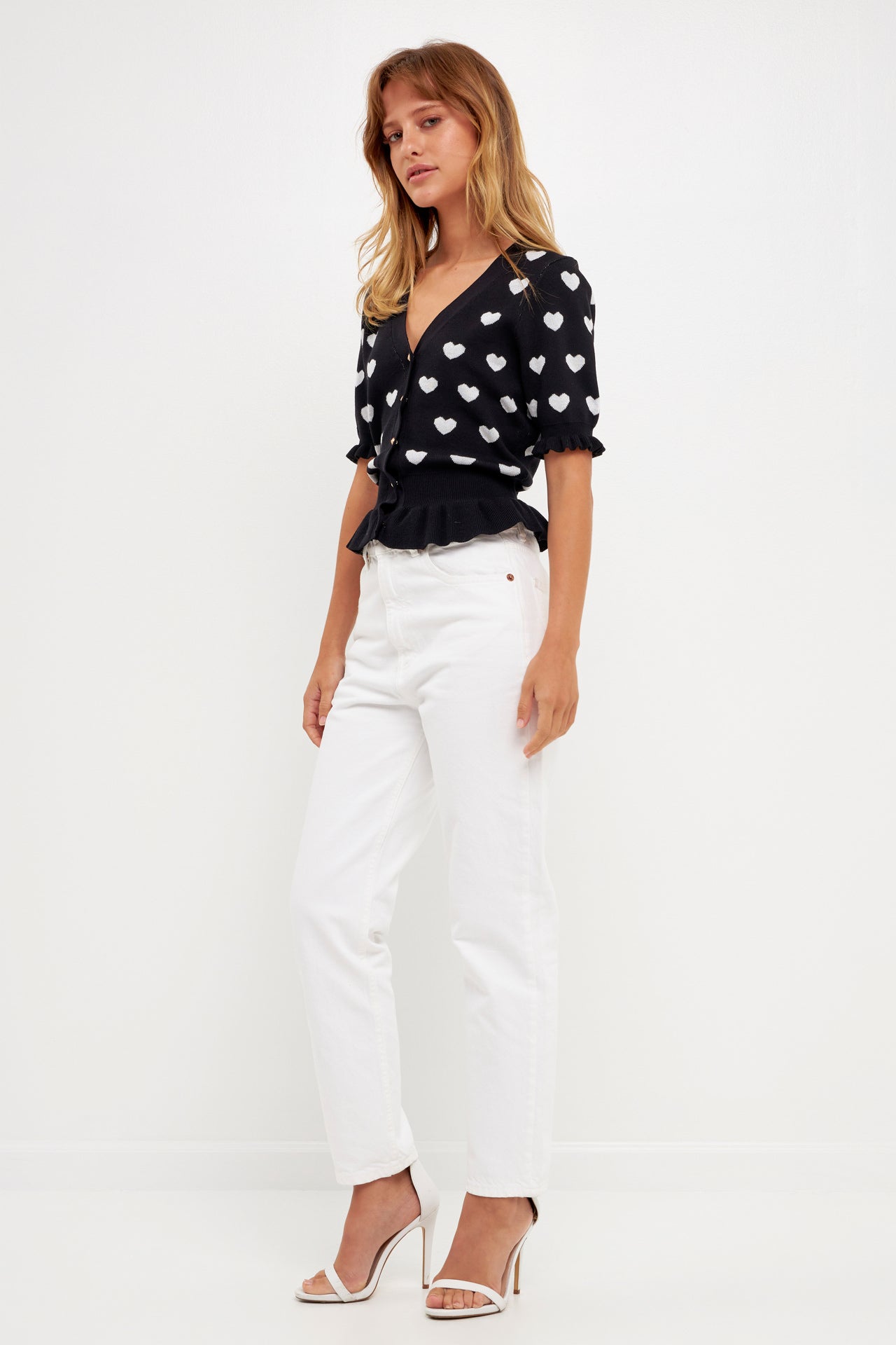 ENGLISH FACTORY - Heart Cardigan with Short Puff Sleeve - CARDIGANS available at Objectrare