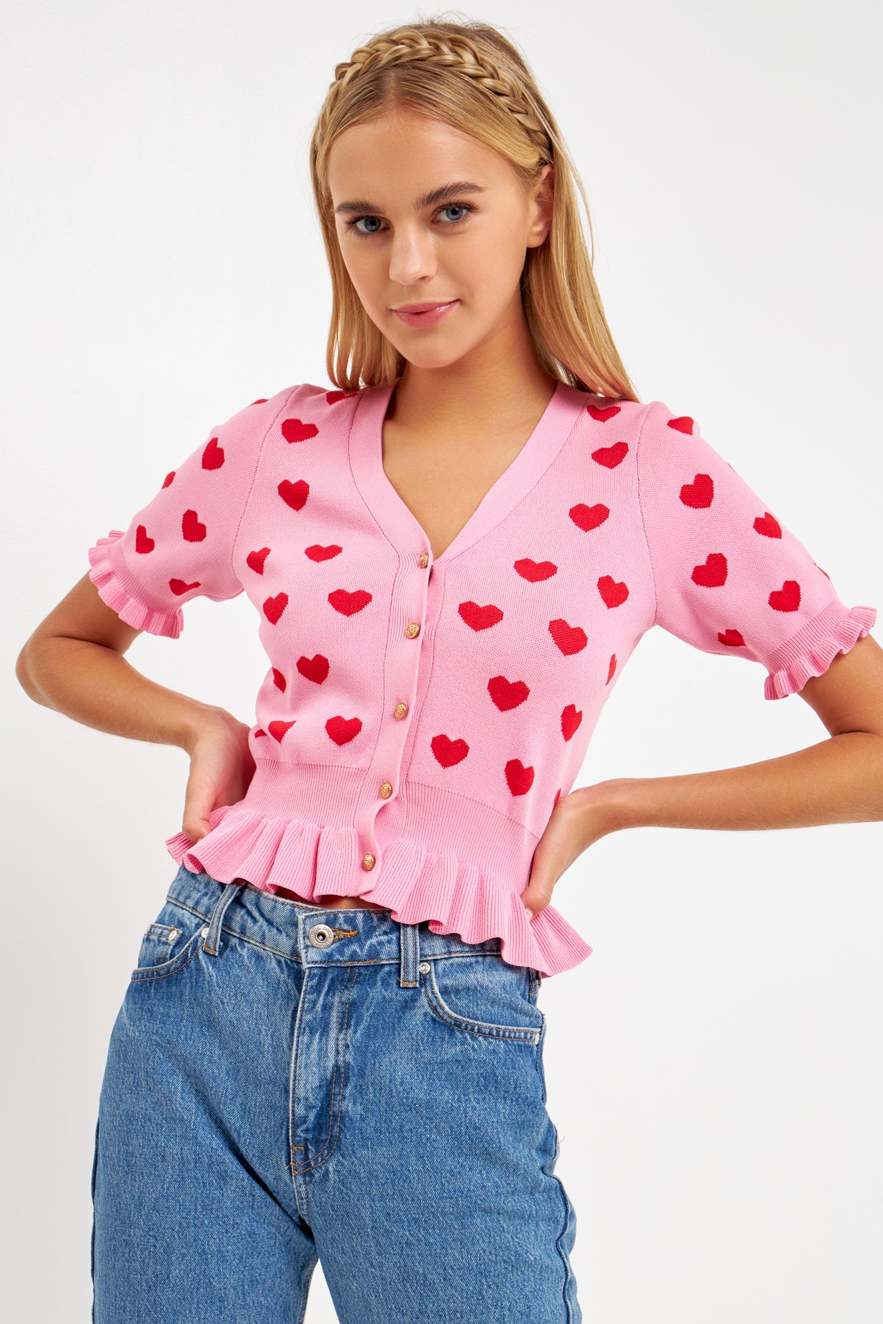 ENGLISH FACTORY - Heart Cardigan with Short Puff Sleeve - CARDIGANS available at Objectrare