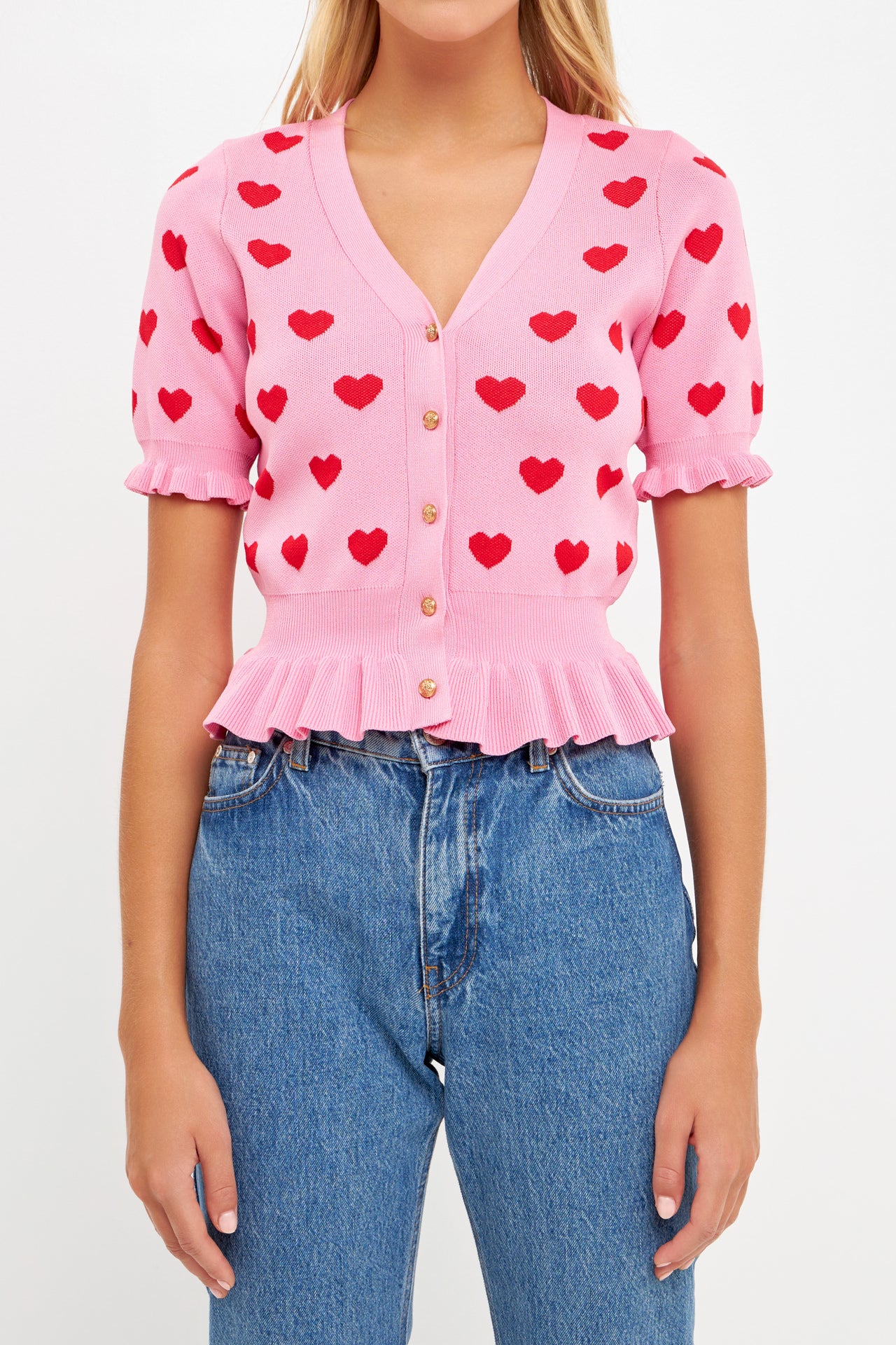 ENGLISH FACTORY - Heart Cardigan with Short Puff Sleeve - CARDIGANS available at Objectrare