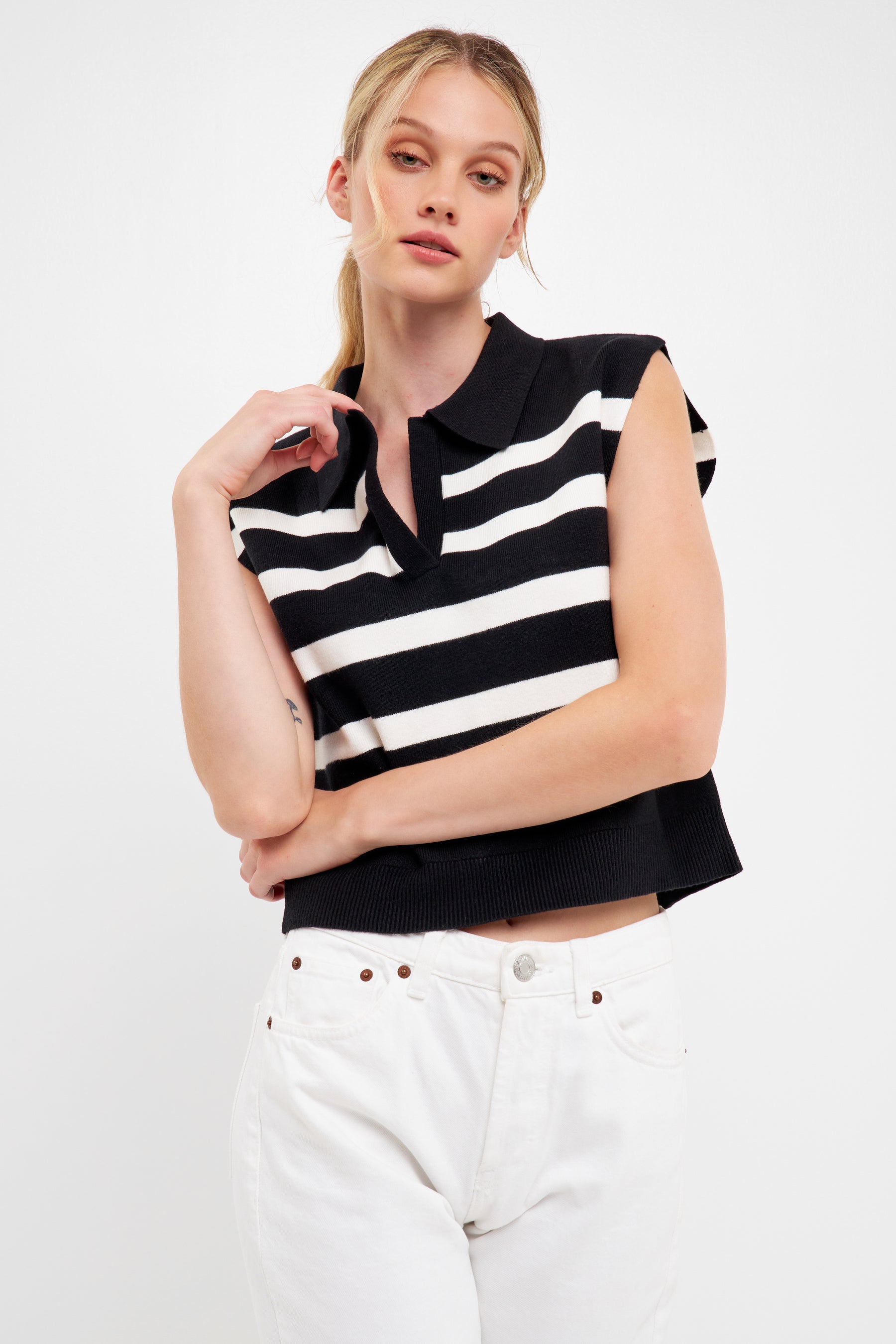ENGLISH FACTORY - Striped Knit Top with Collar - SWEATERS & KNITS available at Objectrare