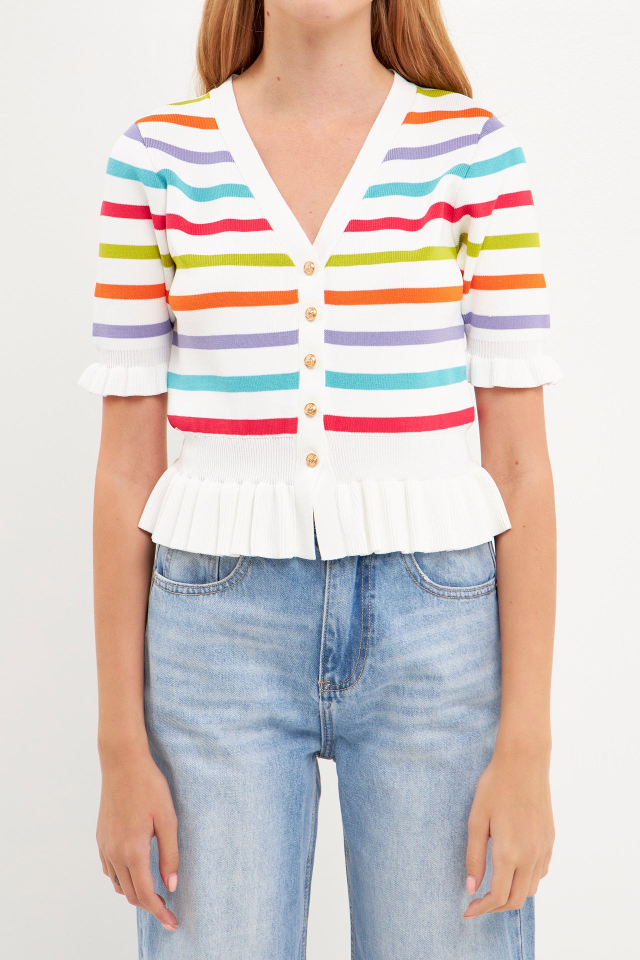 ENGLISH FACTORY - Striped Cardigan with Short Puff Sleeves - SWEATERS & KNITS available at Objectrare
