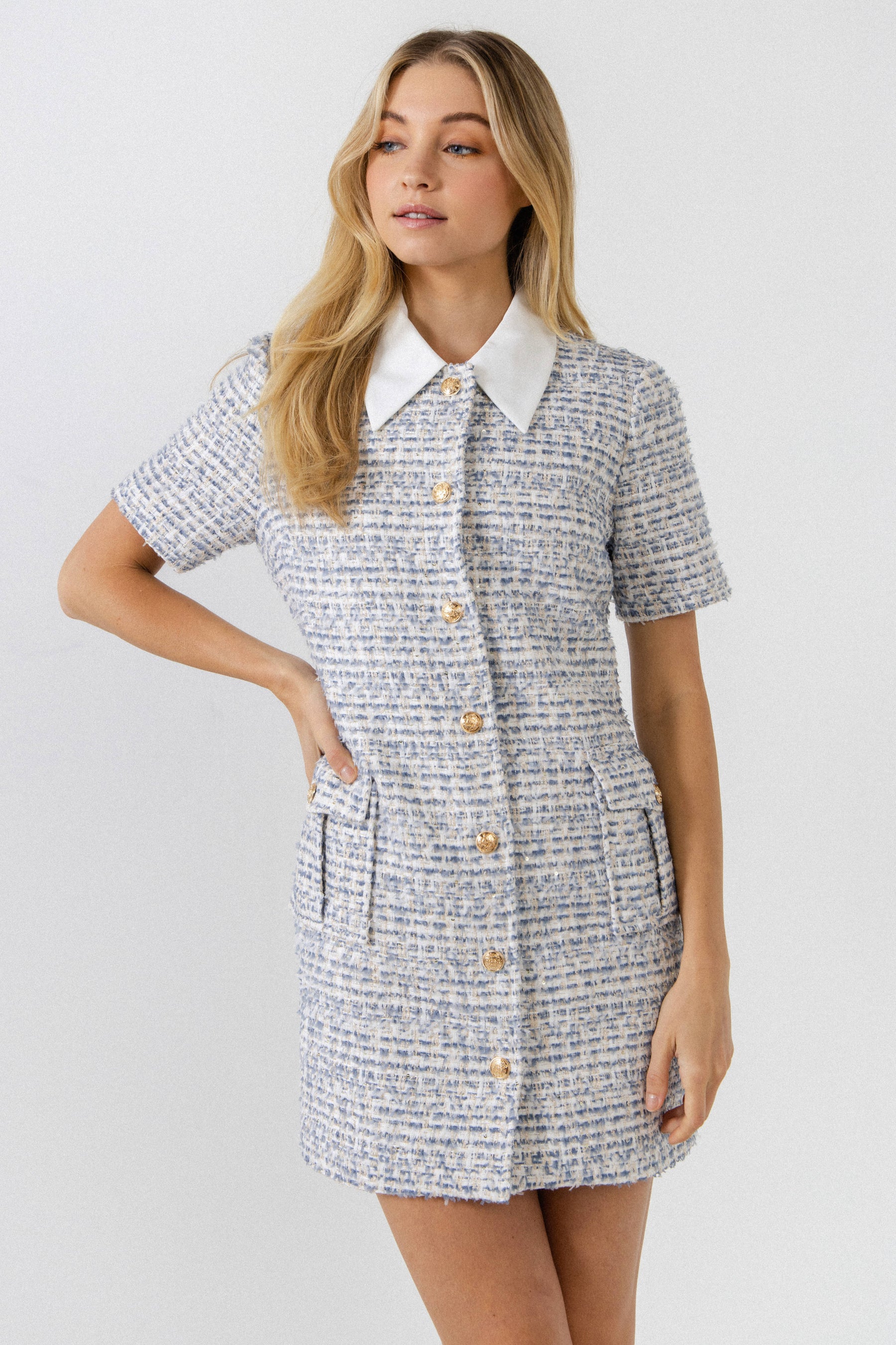 ENDLESS ROSE - Gold Button Up Tweed Collar Mini Dress - DRESSES available at Objectrare