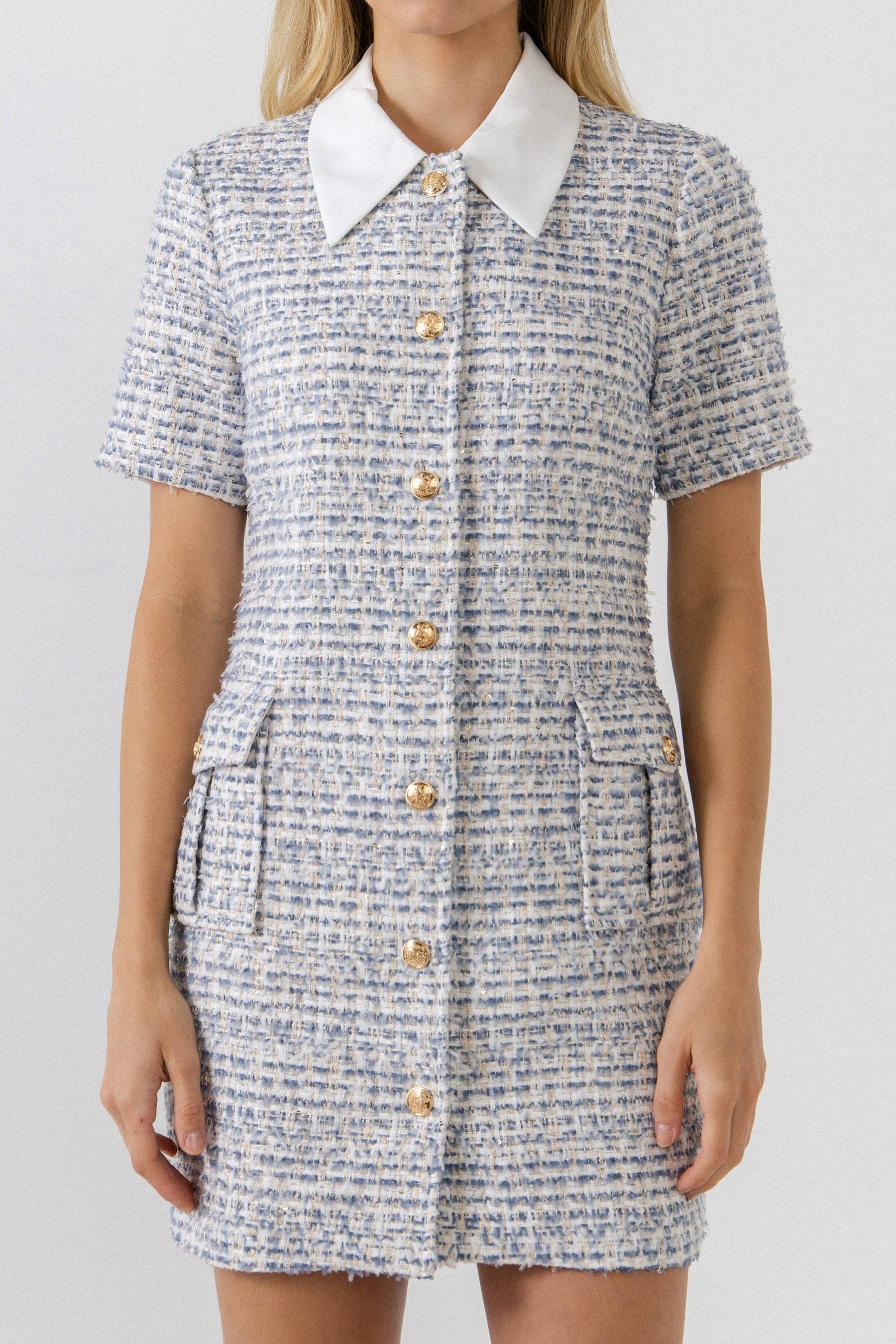 ENDLESS ROSE - Gold Button Up Tweed Collar Mini Dress - DRESSES available at Objectrare