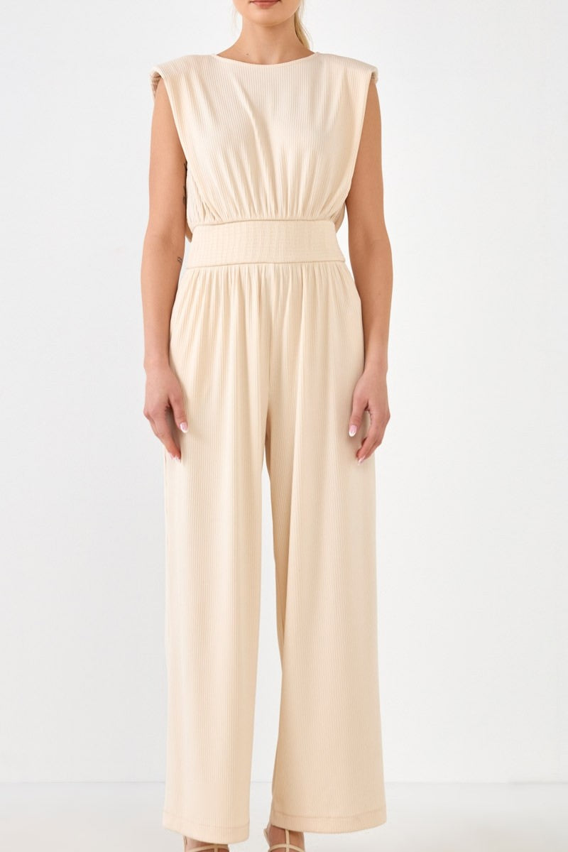 ENDLESS ROSE - Shoulder Pad Jumpsuit with Smocked Waist - JUMPSUITS available at Objectrare