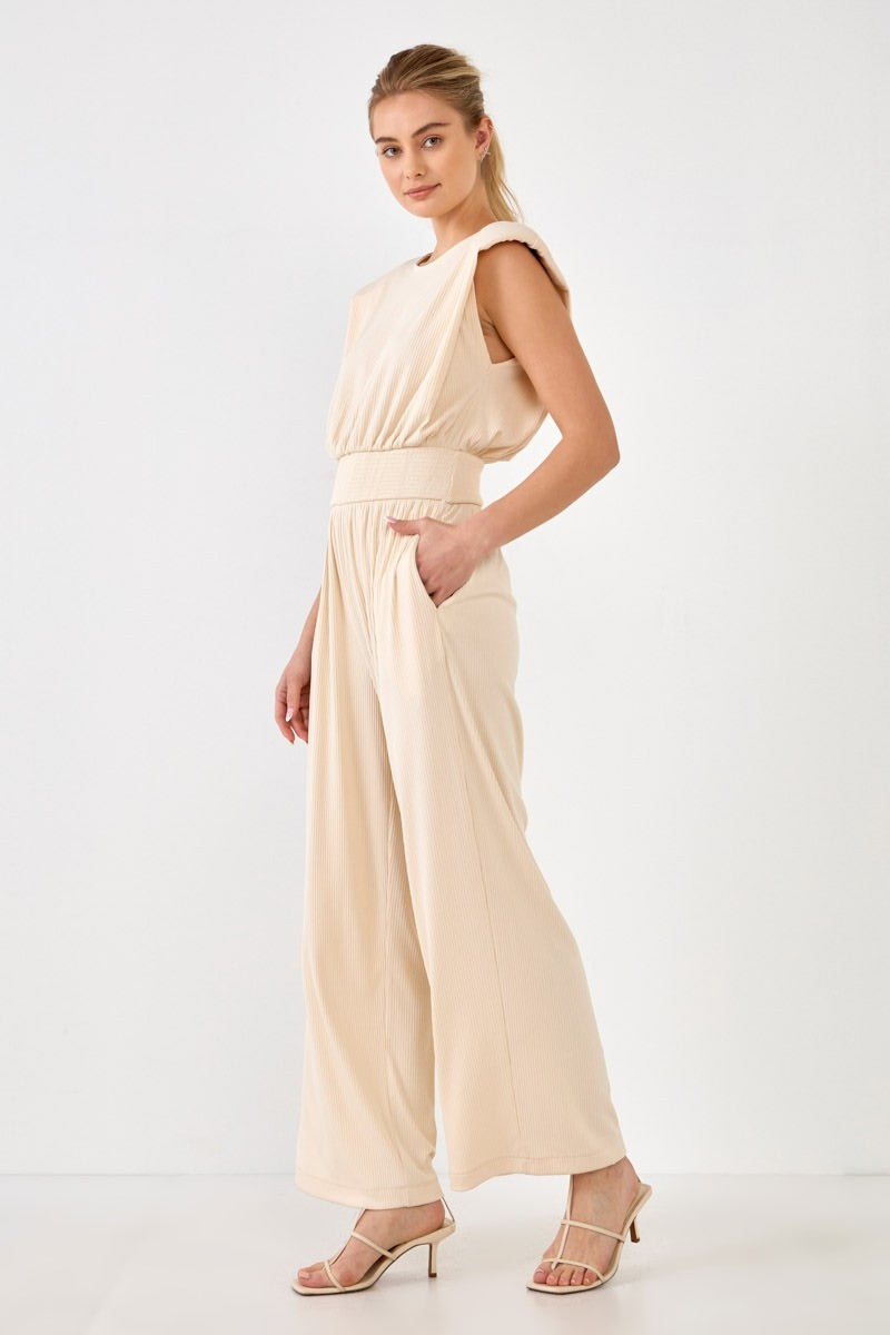 ENDLESS ROSE - Shoulder Pad Jumpsuit with Smocked Waist - JUMPSUITS available at Objectrare
