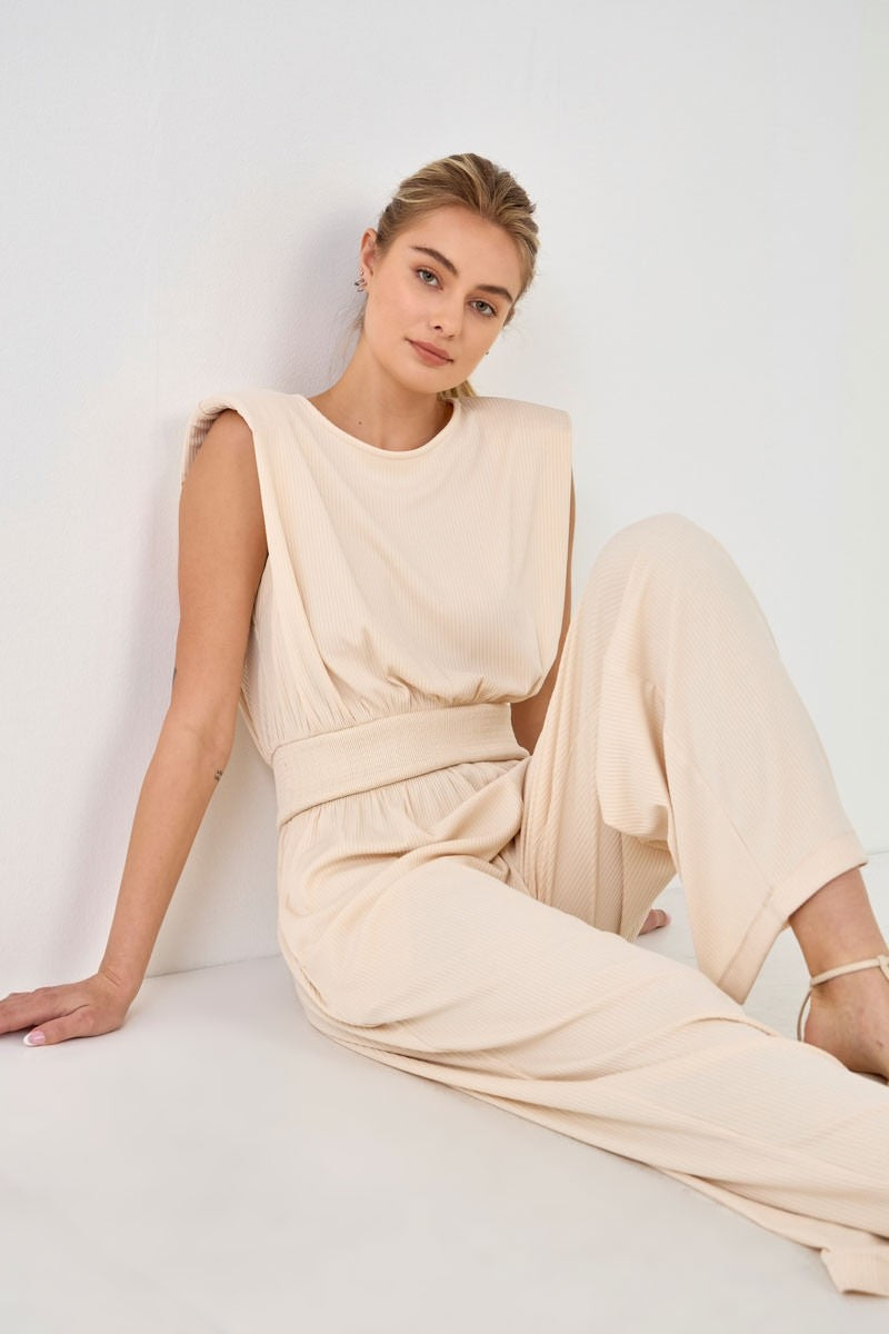 ENDLESS ROSE - Shoulder Pad Jumpsuit with Smocked Waist - JUMPSUITS available at Objectrare