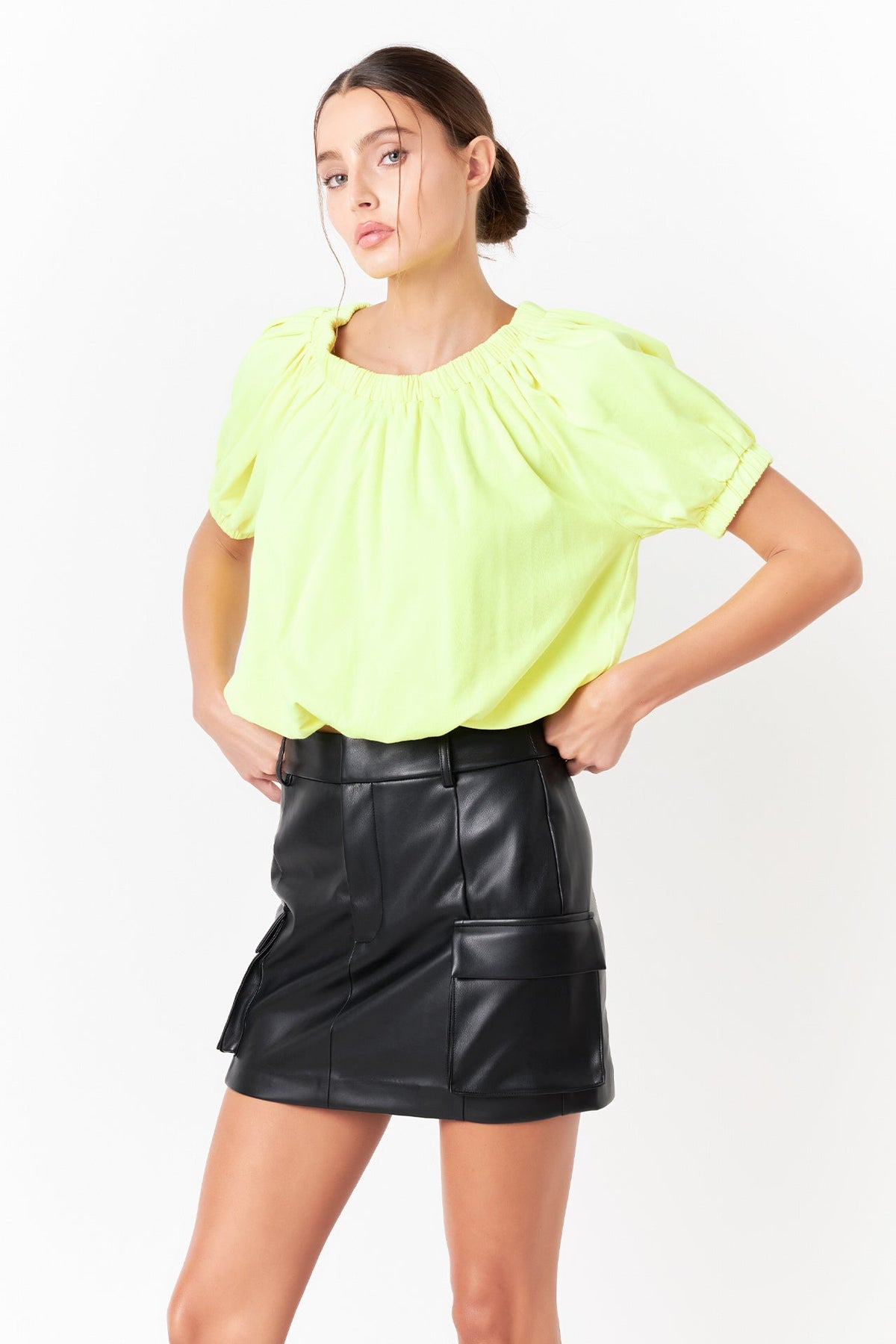 GREY LAB - Neon Color Elastic Detail Balloon Cropped Top - TOPS available at Objectrare