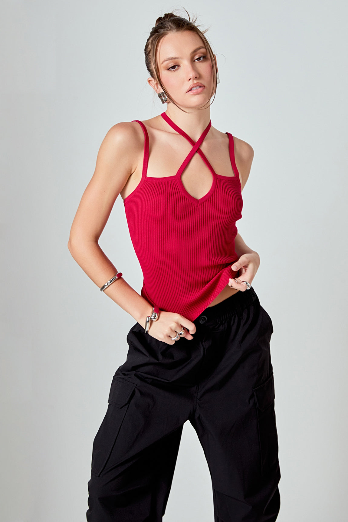 ENDLESS ROSE - Strap Detail Fitted Knit Top - CAMI TOPS & TANK available at Objectrare