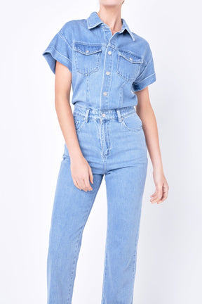 GREY LAB - Short Sleeve Denim Jumpsuit - JUMPSUITS available at Objectrare