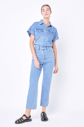 GREY LAB - Grey Lab - Short Sleeve Denim Jumpsuit - JUMPSUITS available at Objectrare