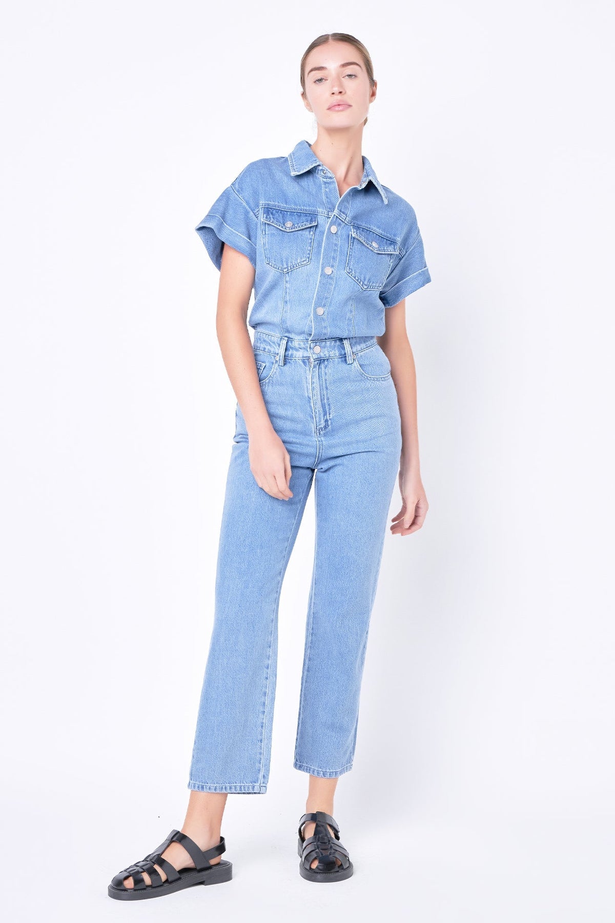 GREY LAB - Short Sleeve Denim Jumpsuit - JUMPSUITS available at Objectrare