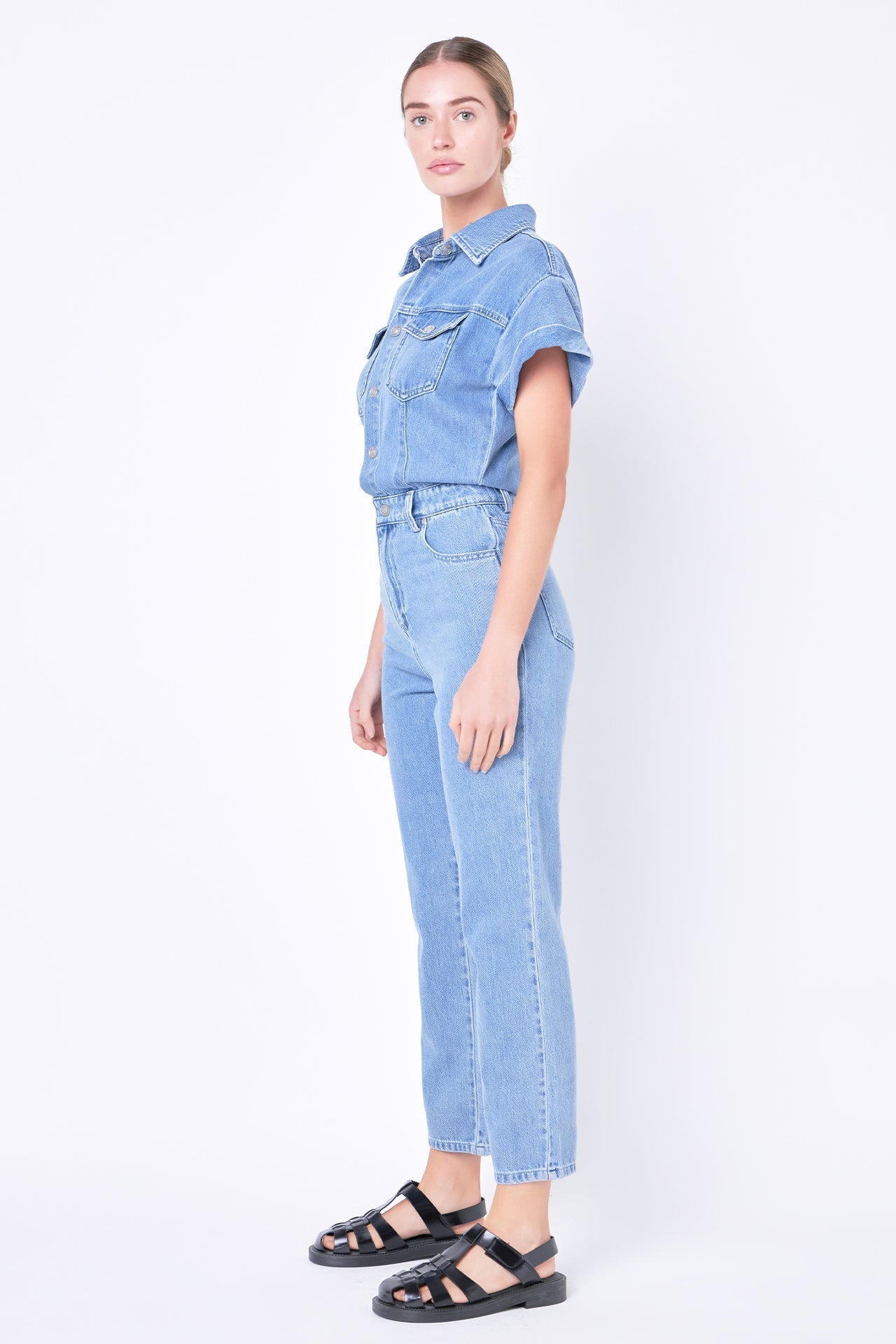 GREY LAB - Grey Lab - Short Sleeve Denim Jumpsuit - JUMPSUITS available at Objectrare