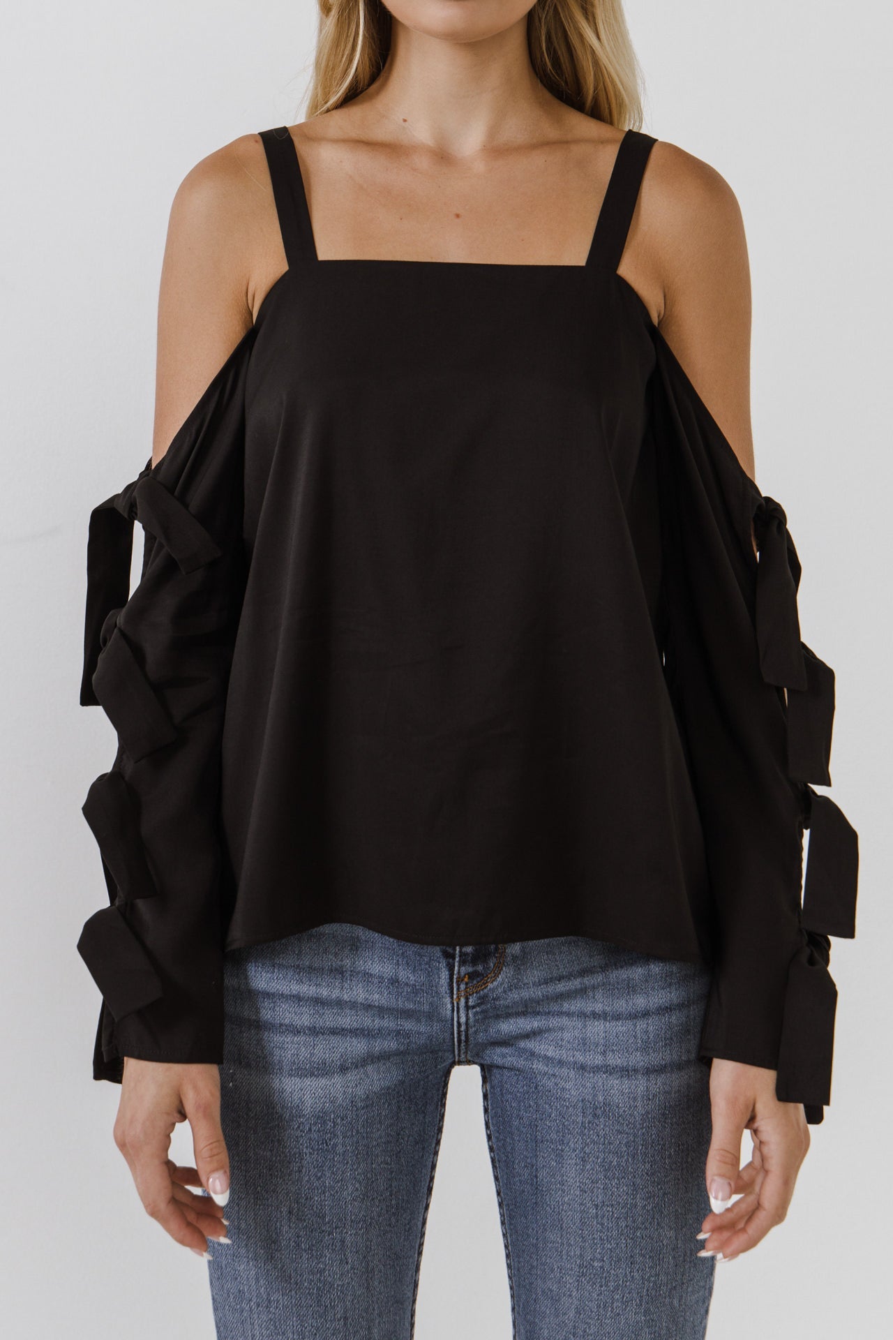 ENDLESS ROSE - Endless Rose - Cold Shoulder Top with Tied Ribbon Sleeve - TOPS available at Objectrare