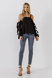 ENDLESS ROSE - Endless Rose - Cold Shoulder Top with Tied Ribbon Sleeve - TOPS available at Objectrare