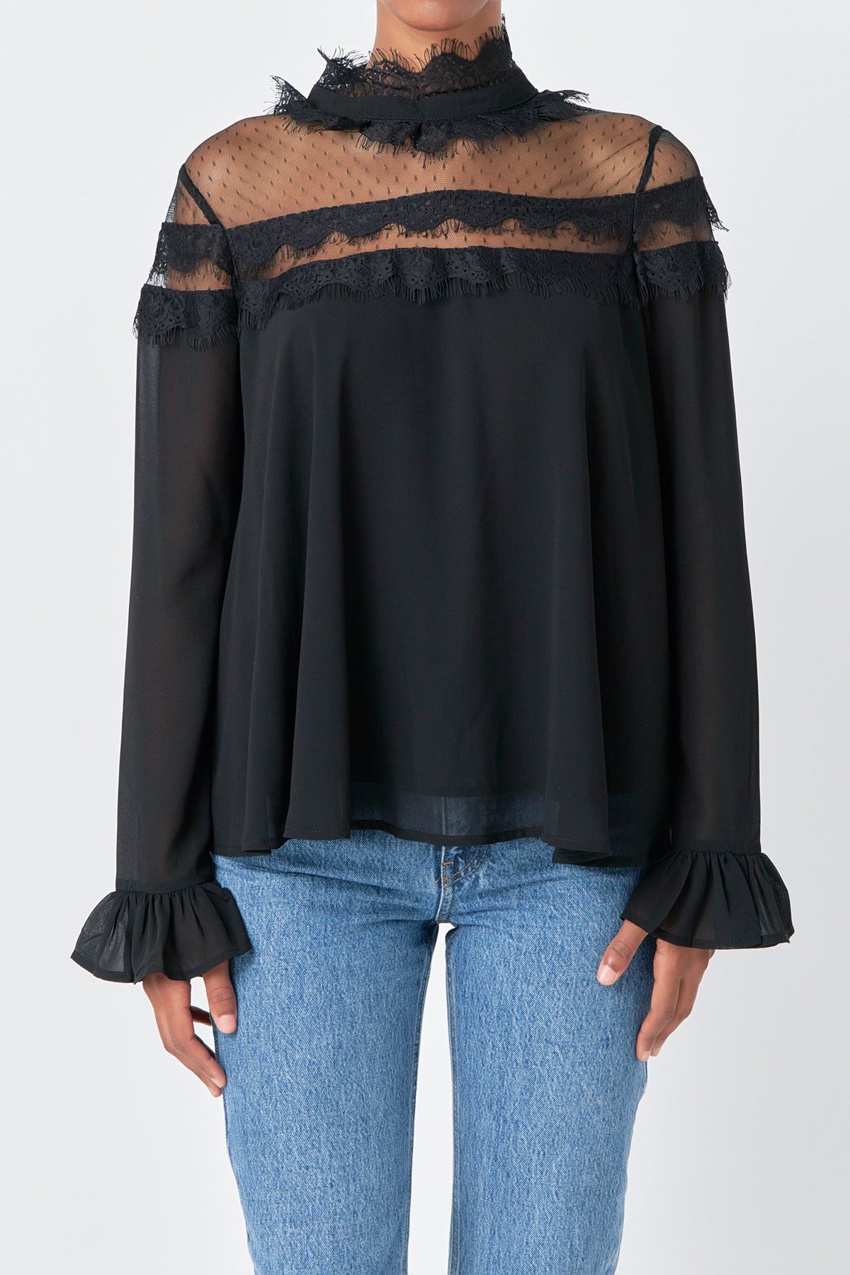 ENDLESS ROSE - Blouse with Mesh Yoke and Lace Trim Detail - TOPS available at Objectrare