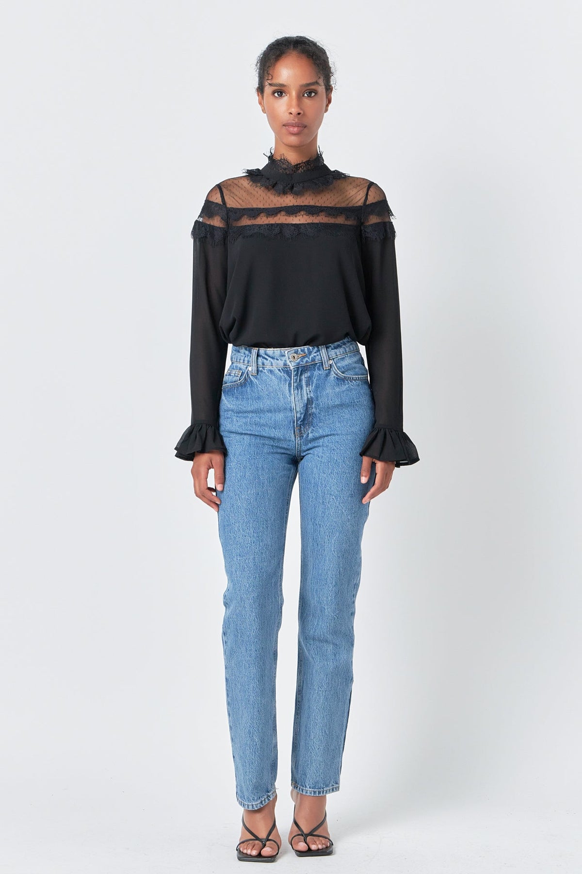 ENDLESS ROSE - Blouse with Mesh Yoke and Lace Trim Detail - TOPS available at Objectrare