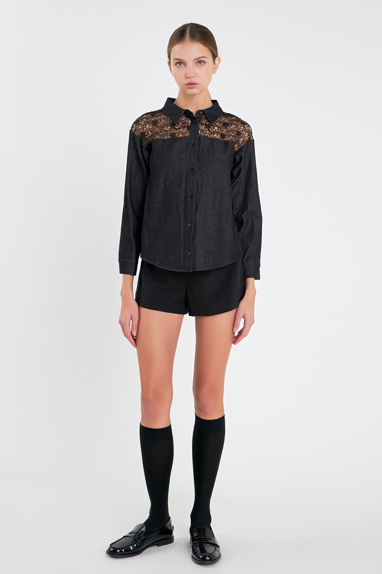 ENGLISH FACTORY - English Factory - Long Sleeve Laced Jeans Shirt - SHIRTS & BLOUSES available at Objectrare