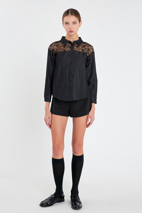 ENGLISH FACTORY - Long Sleeve Laced Jeans Shirt - TOPS available at Objectrare