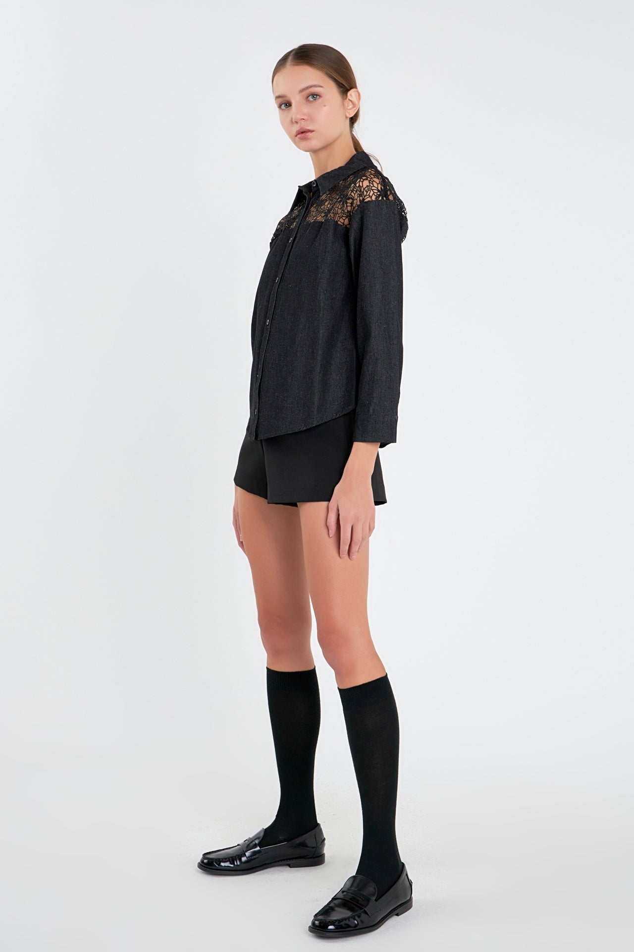 ENGLISH FACTORY - Long Sleeve Laced Jeans Shirt - TOPS available at Objectrare