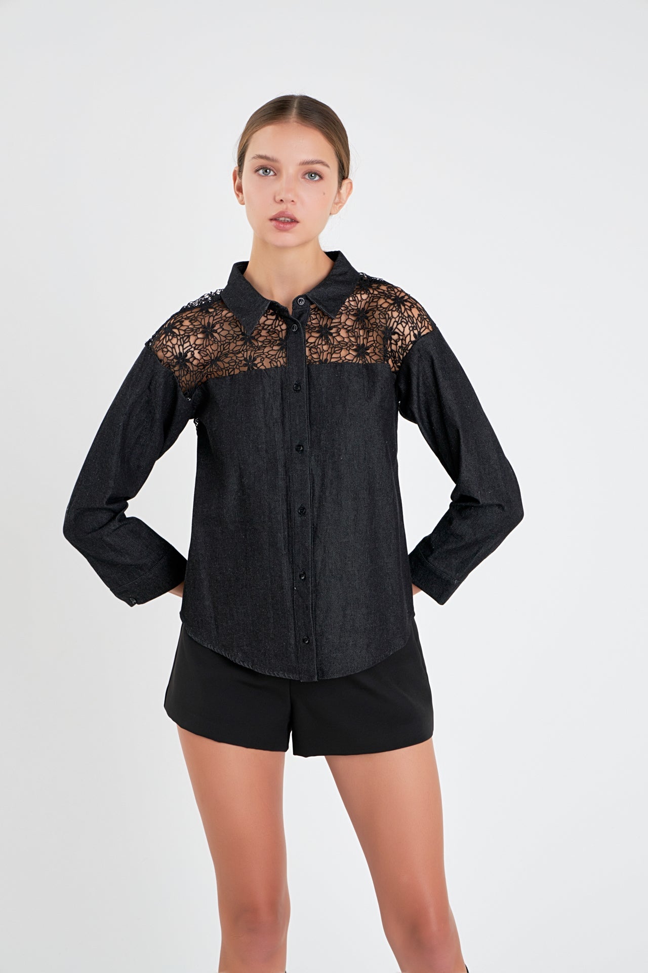 ENGLISH FACTORY - English Factory - Long Sleeve Laced Jeans Shirt - SHIRTS & BLOUSES available at Objectrare