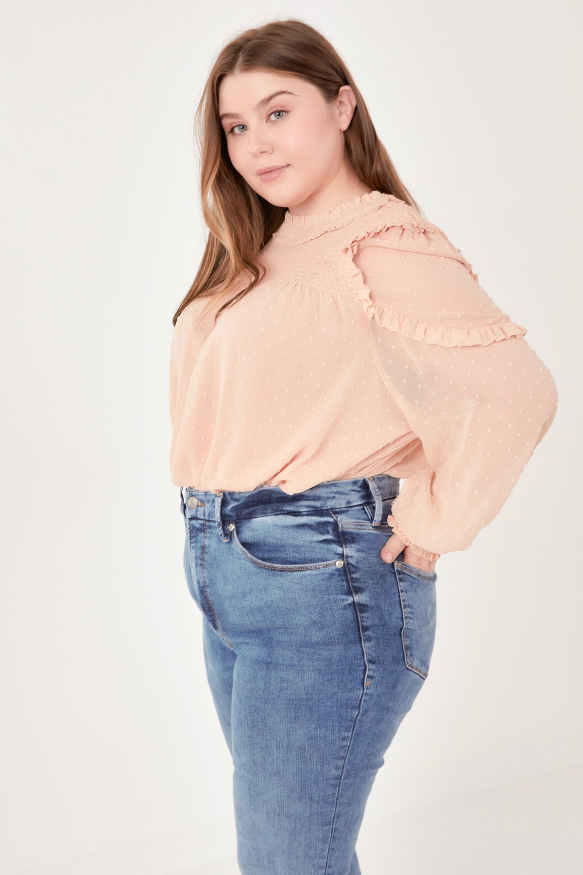 Plus Size Smocked Ruffle Swiss Dot Blouse