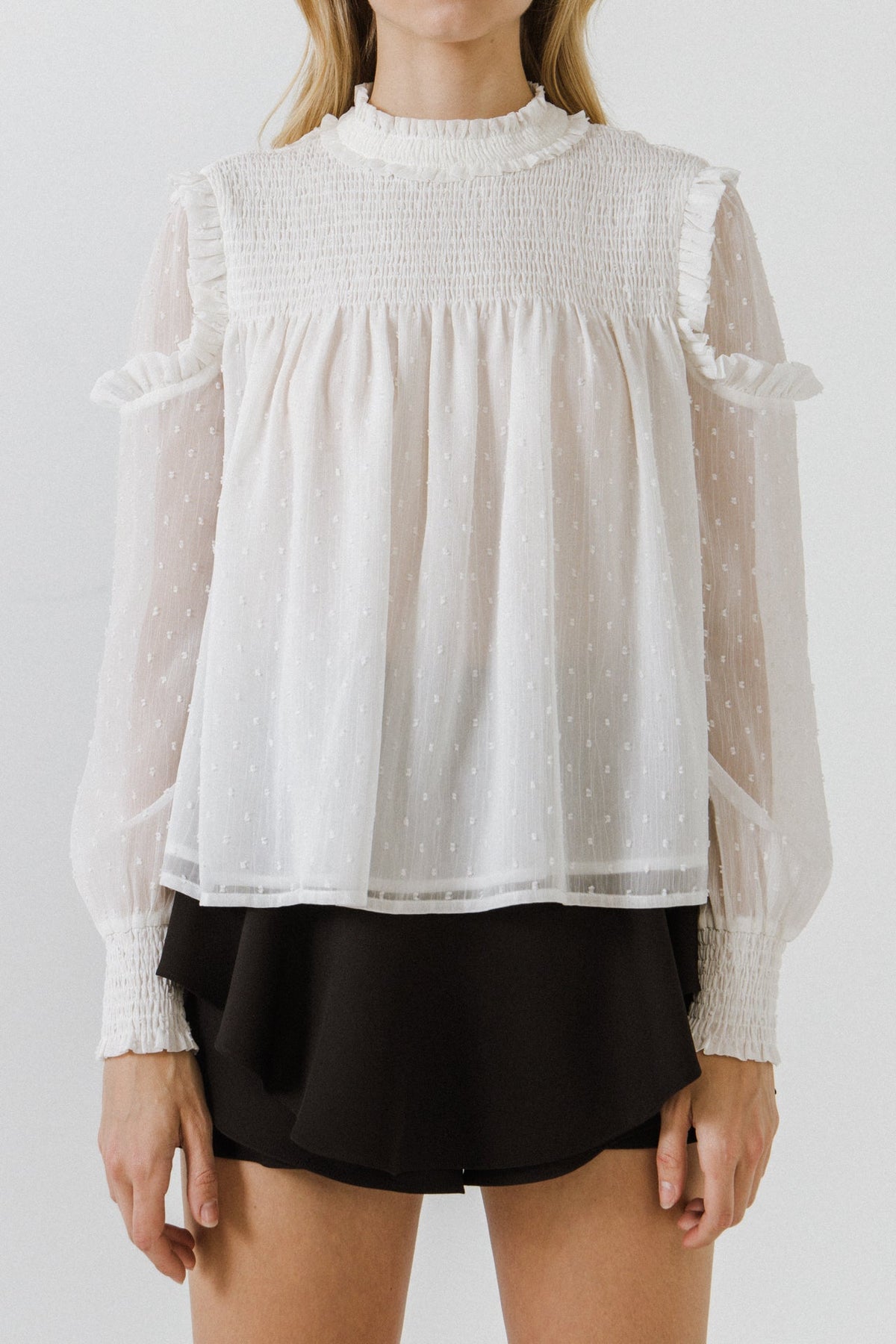 Smocking Yoke Ruffle Details Swiss Dot Blouse