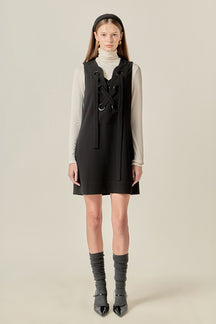 Lace-Up Detail Woven Mini Dress