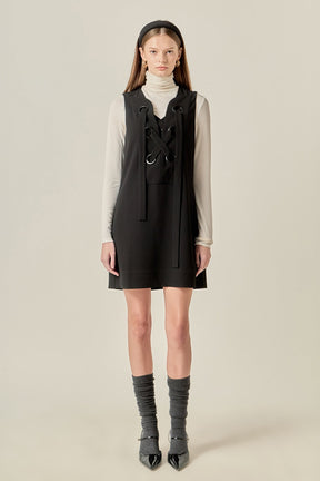 ENGLISH FACTORY - Lace-Up Detail Woven Mini Dress - DRESSES available at Objectrare