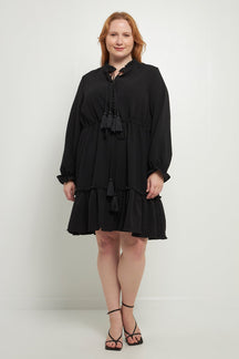 ENGLISH FACTORY - Plus Size Tassel Trim Dress With Ruffled Hem - DRESSES available at Objectrare
