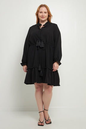 ENGLISH FACTORY - Plus Size Tassel Trim Dress With Ruffled Hem - DRESSES available at Objectrare