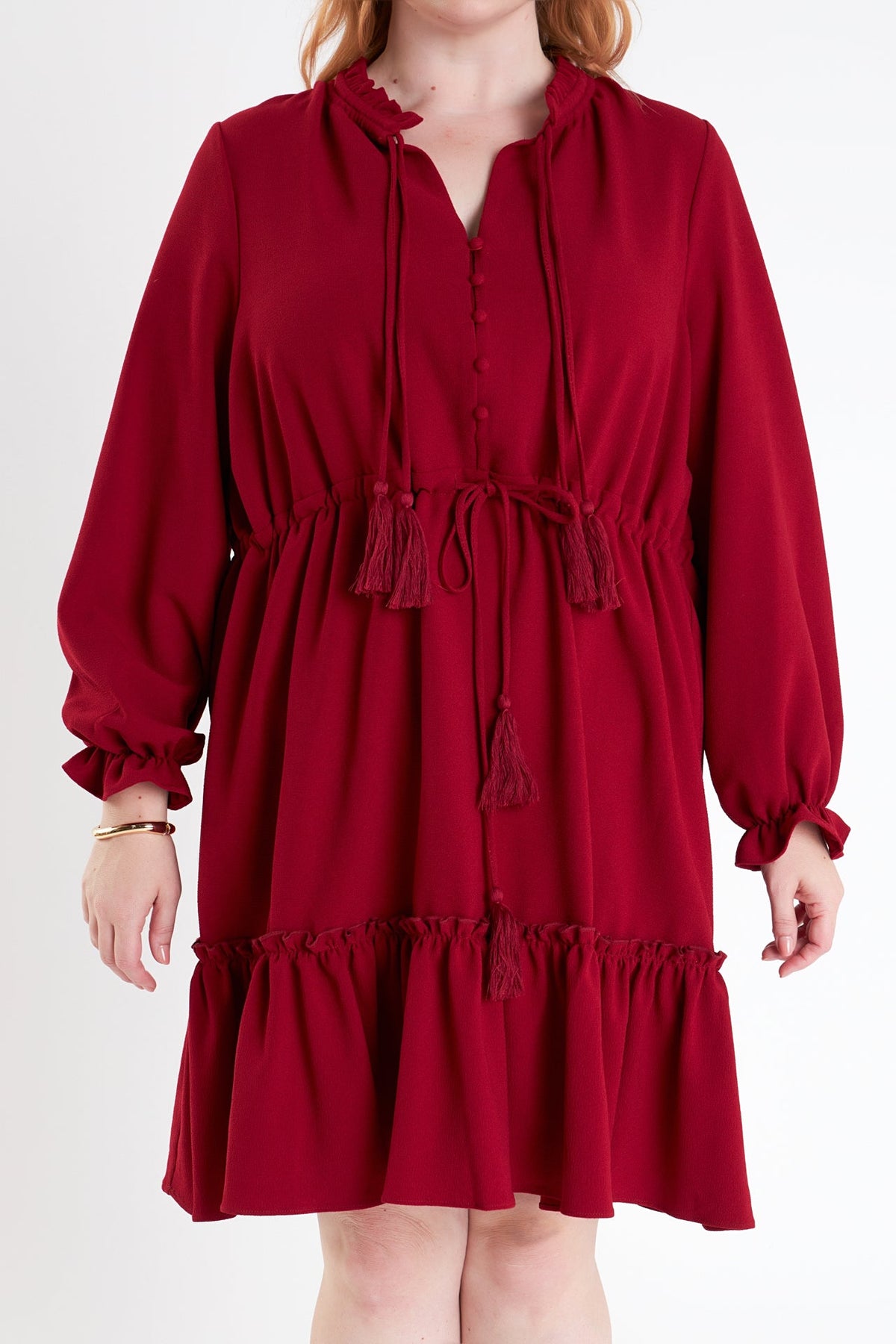 ENGLISH FACTORY - Plus Size Tassel Trim Dress With Ruffled Hem - DRESSES available at Objectrare