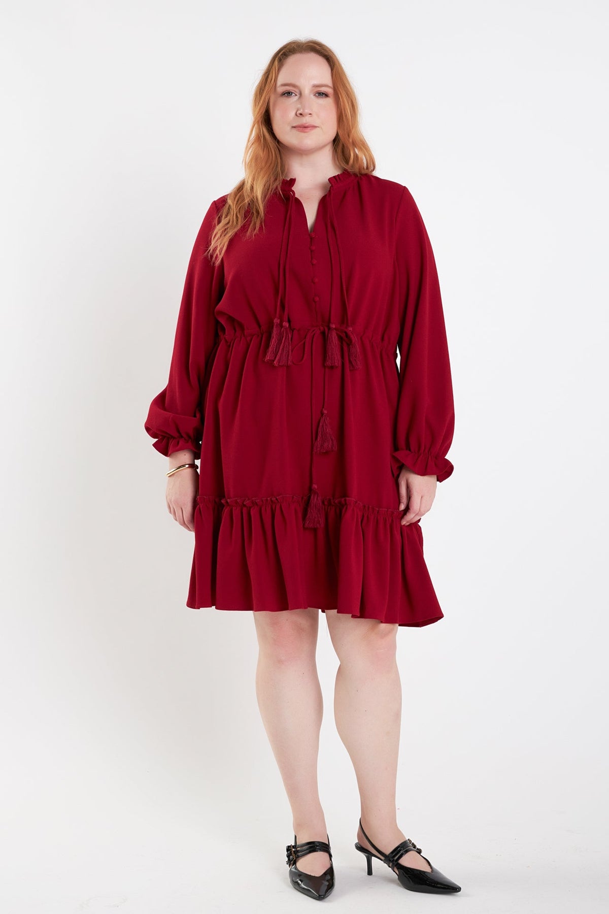 ENGLISH FACTORY - Plus Size Tassel Trim Dress With Ruffled Hem - DRESSES available at Objectrare
