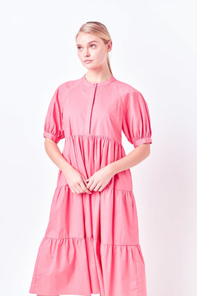 Short Puff Sleeve Midi Dress With Pockets