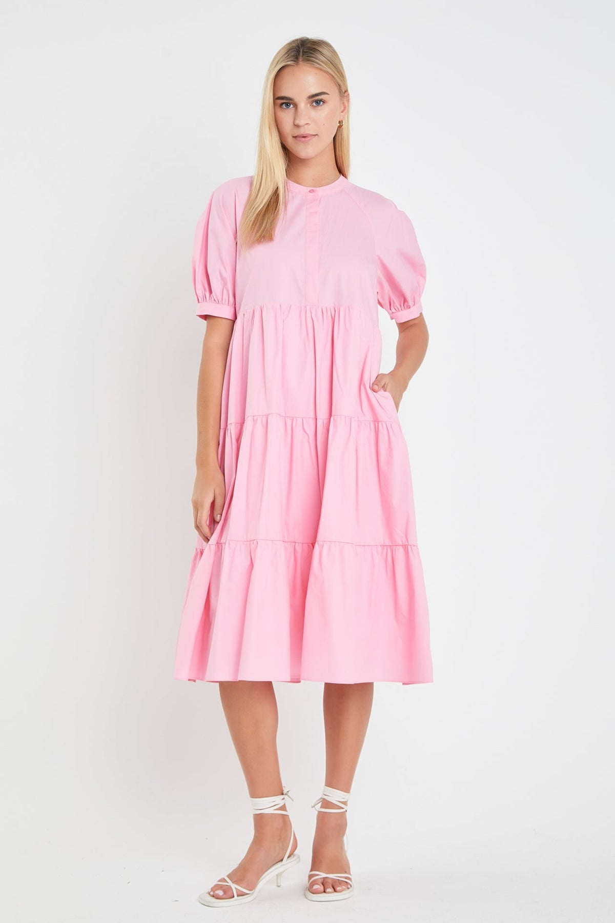 Short Puff Sleeve Tiered Midi Dress