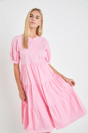 Short Puff Sleeve Tiered Midi Dress